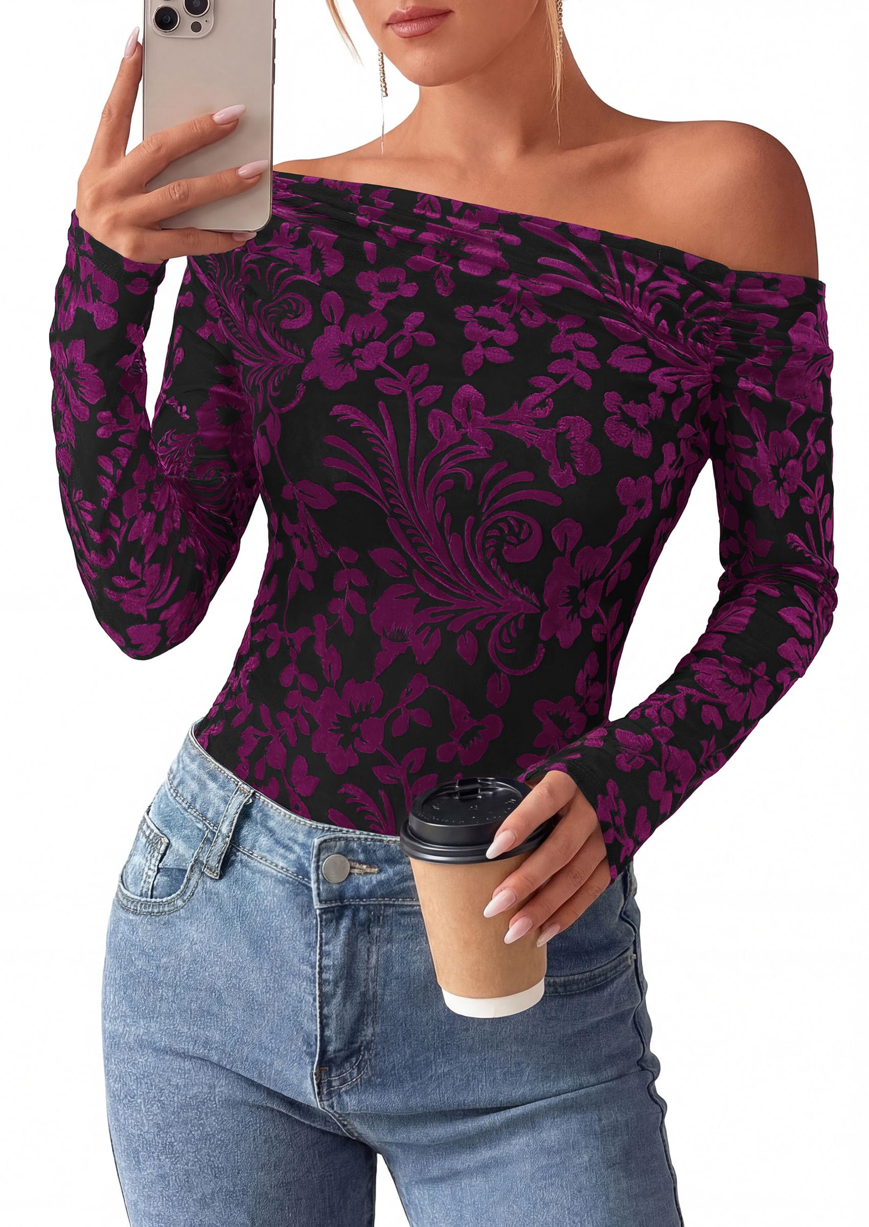 Off the Shoulder Tops for Women Fall Mesh Floral Blouses