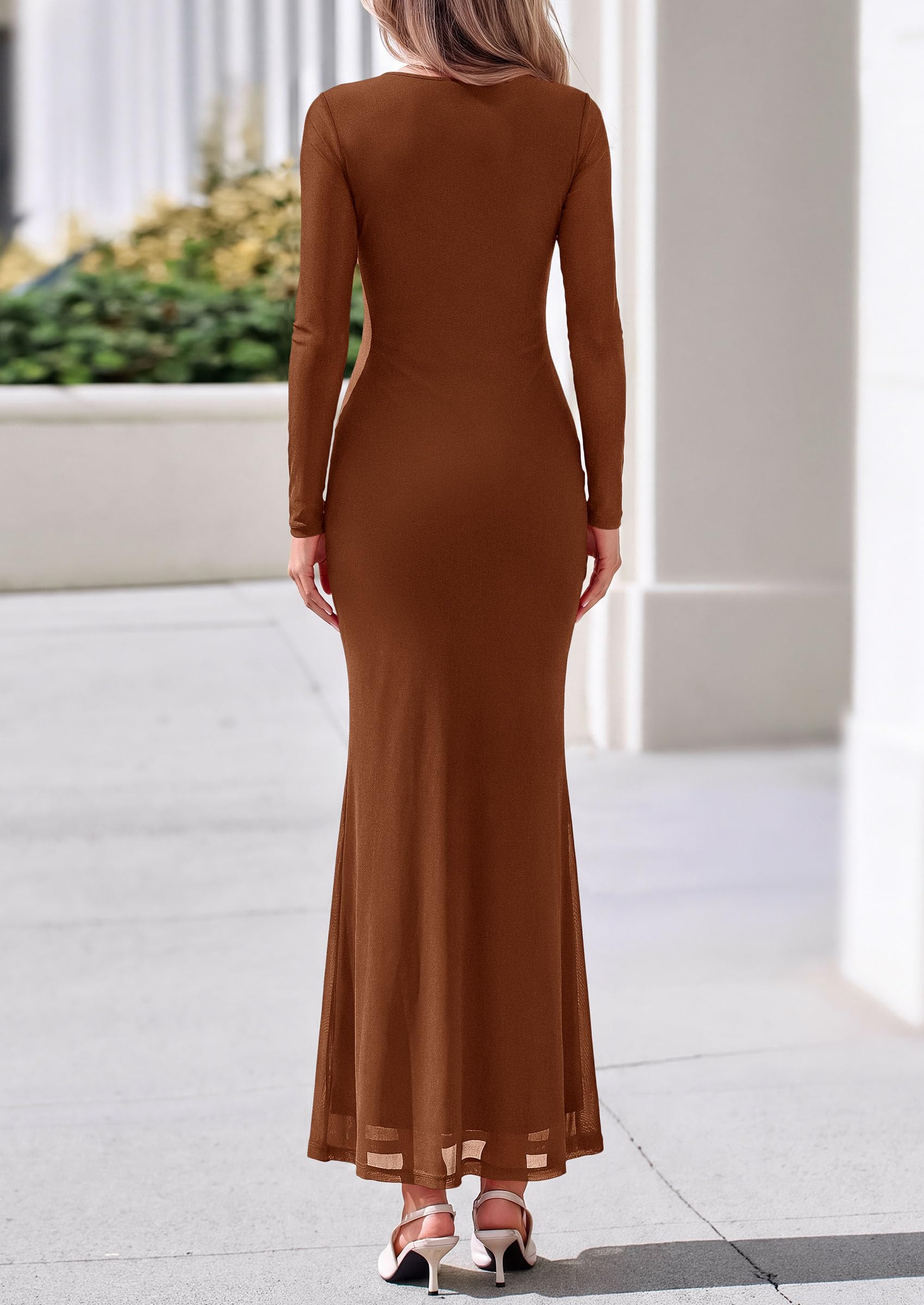 Womens Fall Long Sleeve Bodycon Tie Waist Mesh Maxi Dresses