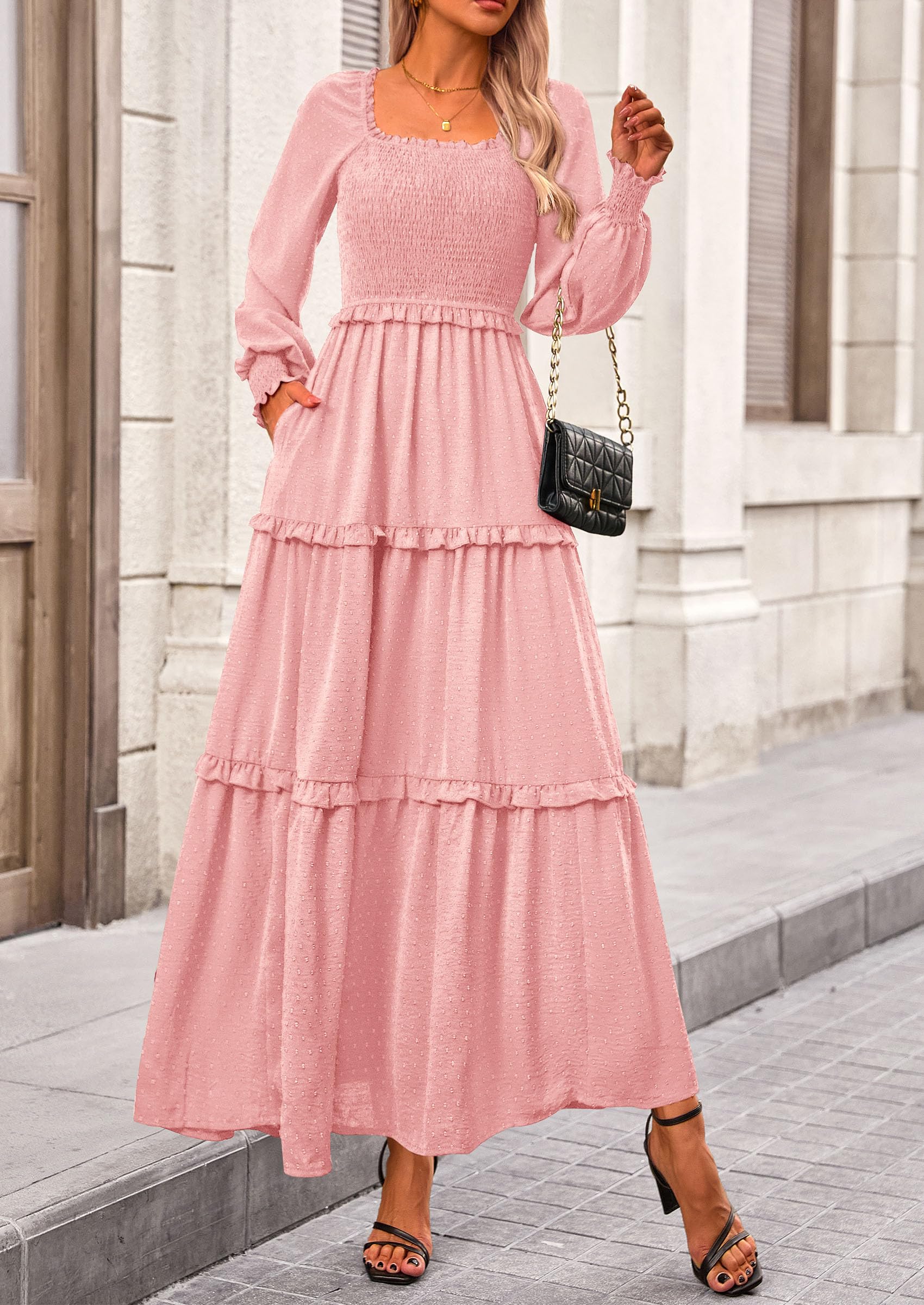 Women's Smocked Long Sleeve Maxi Dress Wedding Guest Dresses