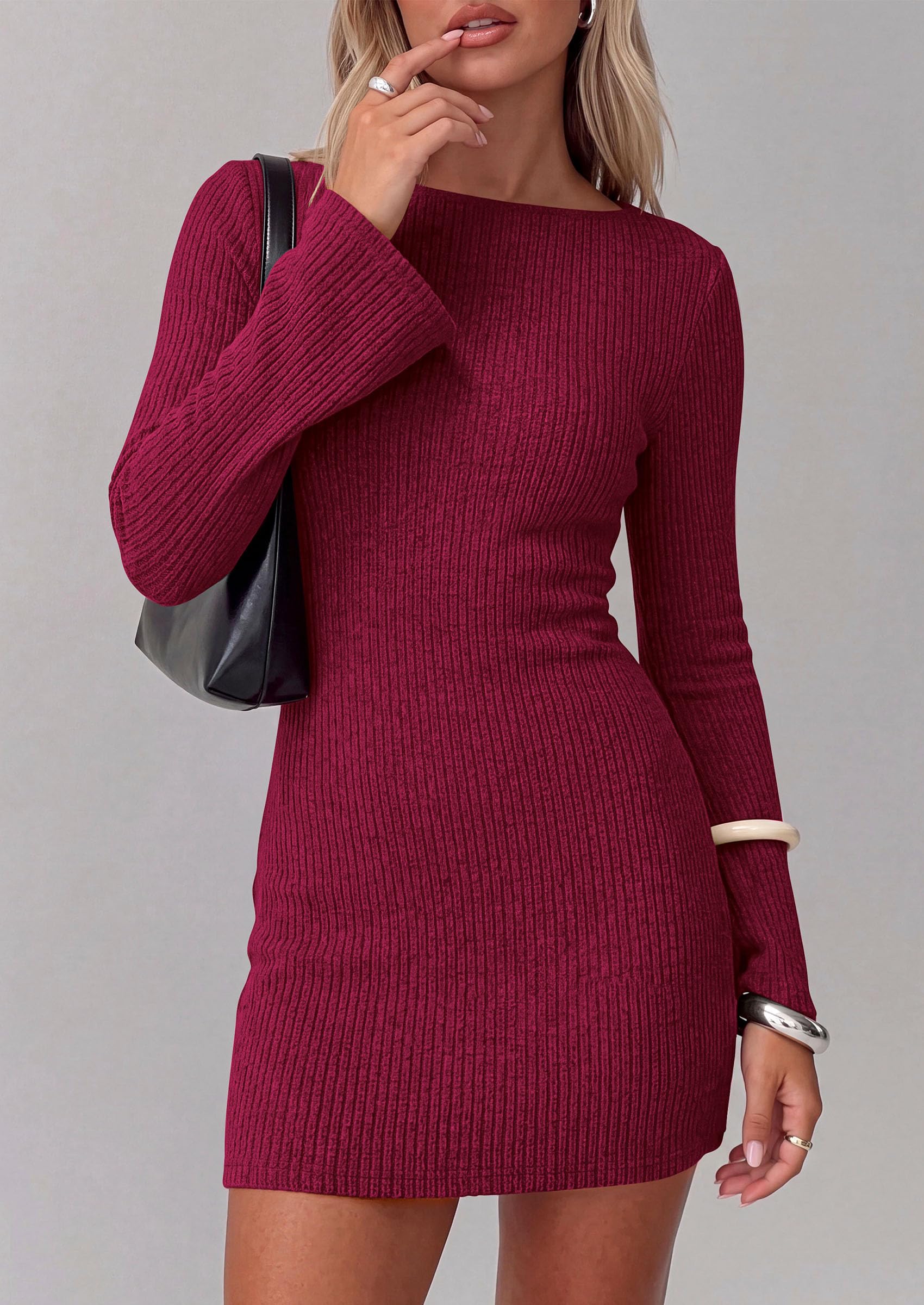 Womens Boat Neck Bell Long Sleeve Mini Sweater Dress Wine Red