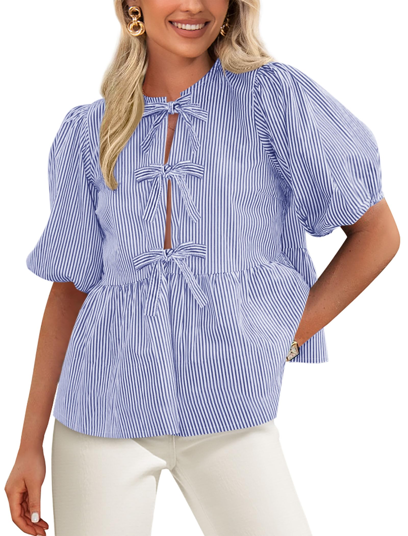 Women Striped Tie Front Babydoll Peplum Tops, Blue,S