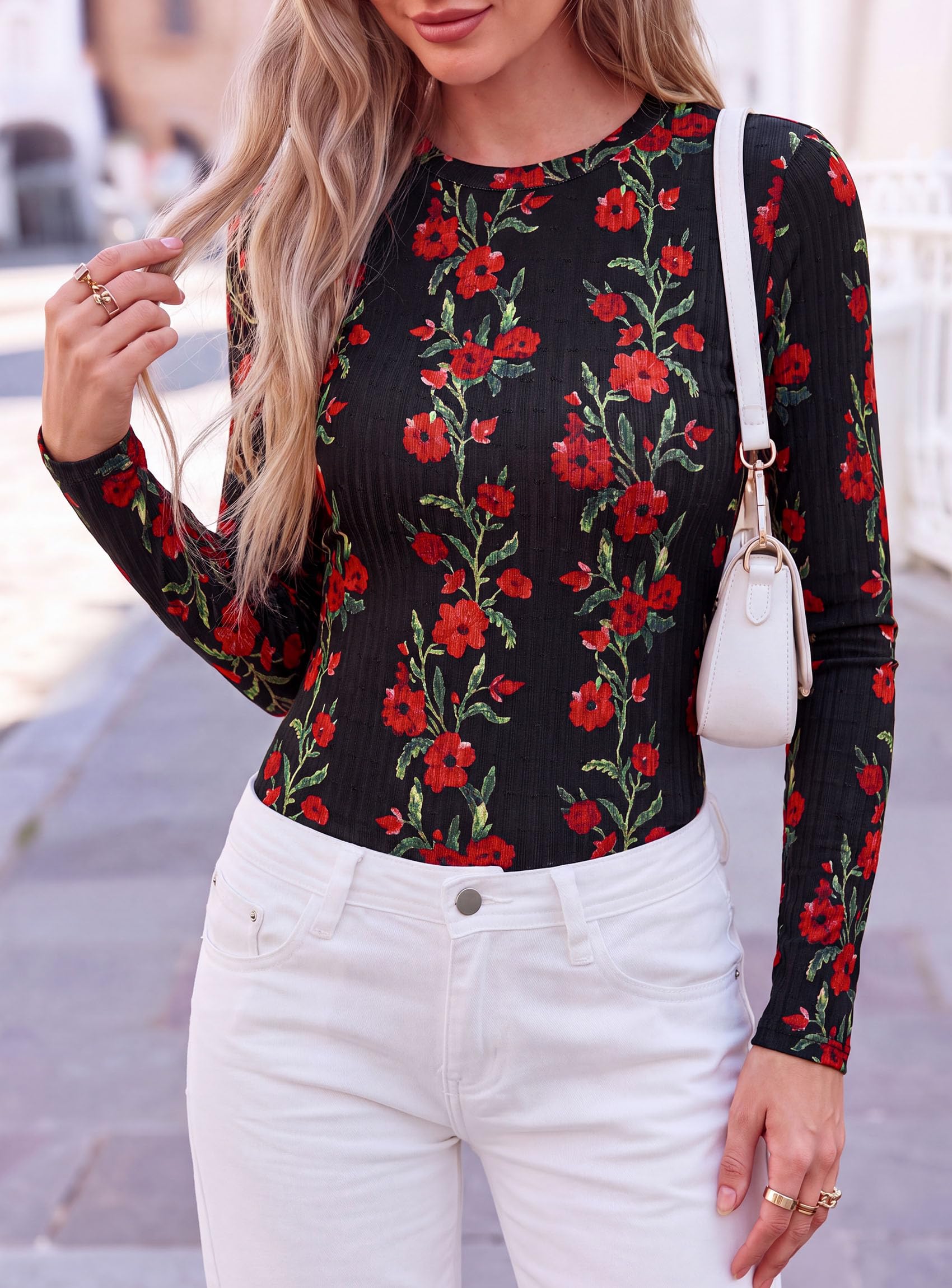 Womens Long Sleeve Shirts Floral Y2K Tops,Black,XS