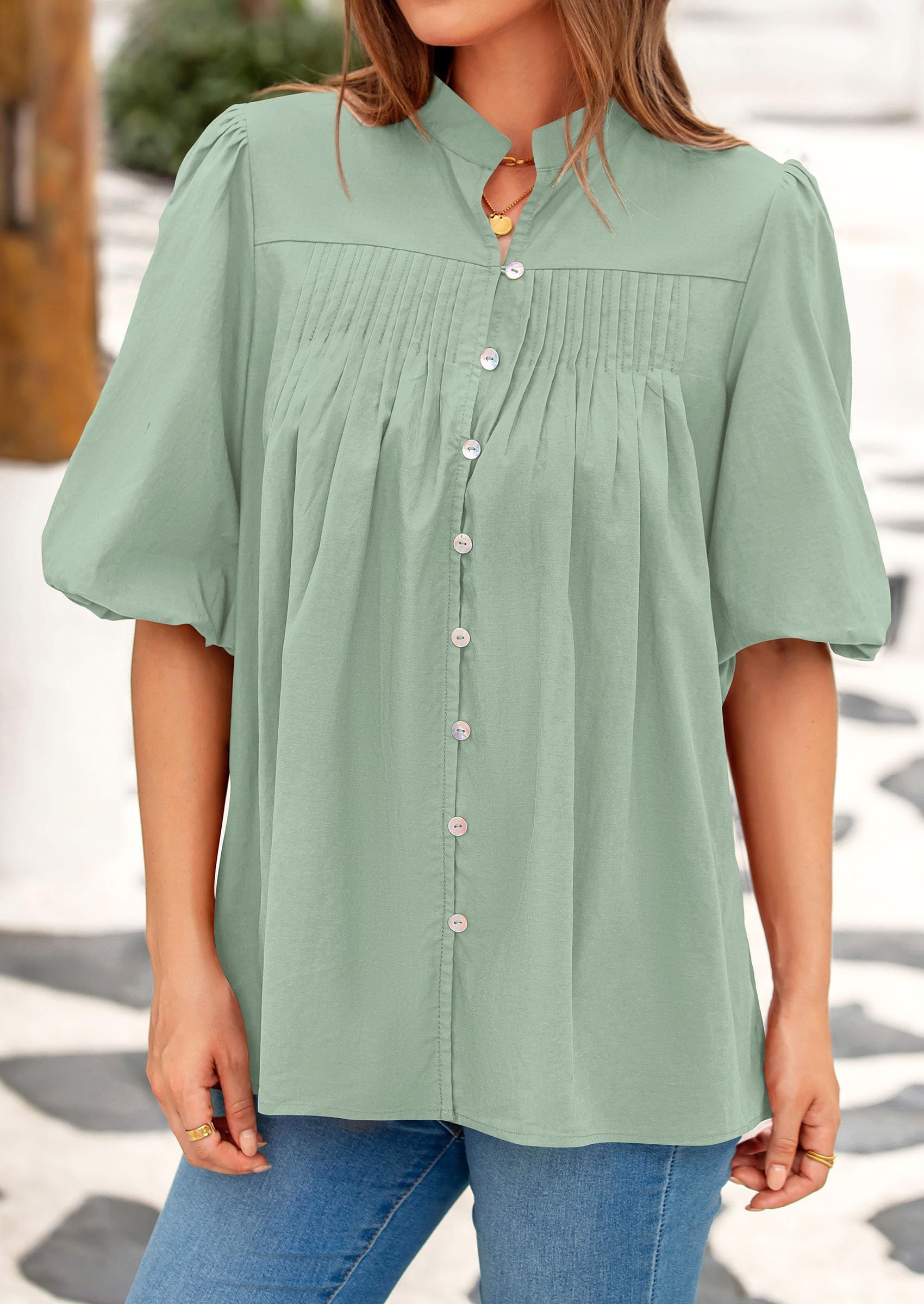 Short Sleeve Henley Shirts for Women,Light Green,S
