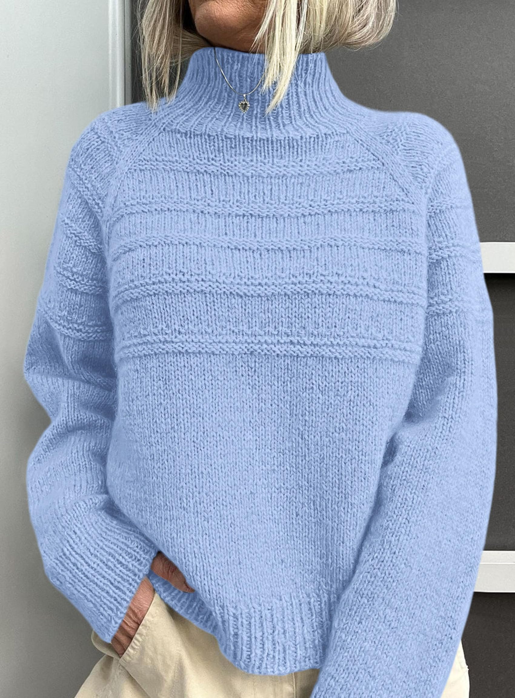 Women's Chunky Knit Mock Neck Pullover Sweaters,Light Blue,S