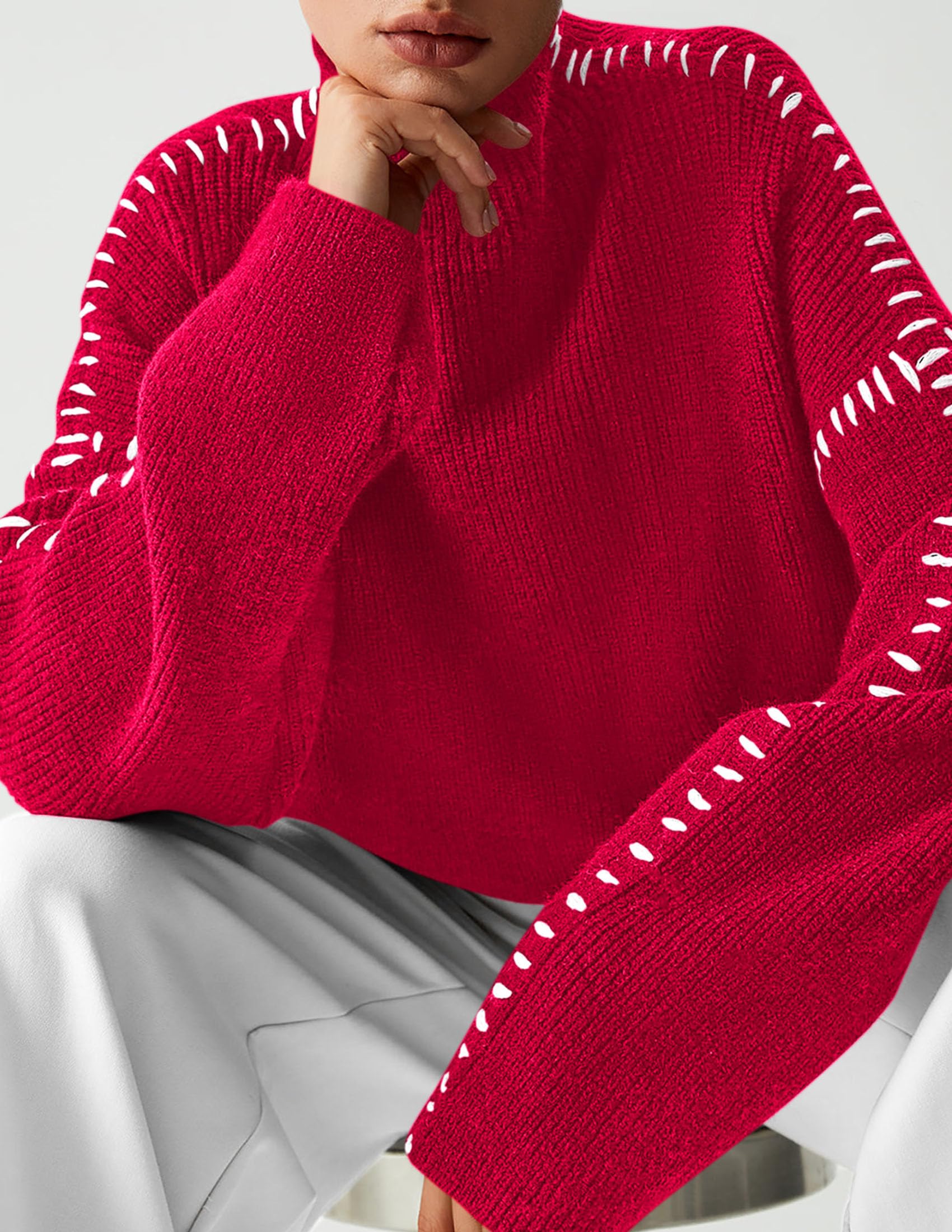 Womens Chunky Knit Oversized Pullover Sweaters,Red,S
