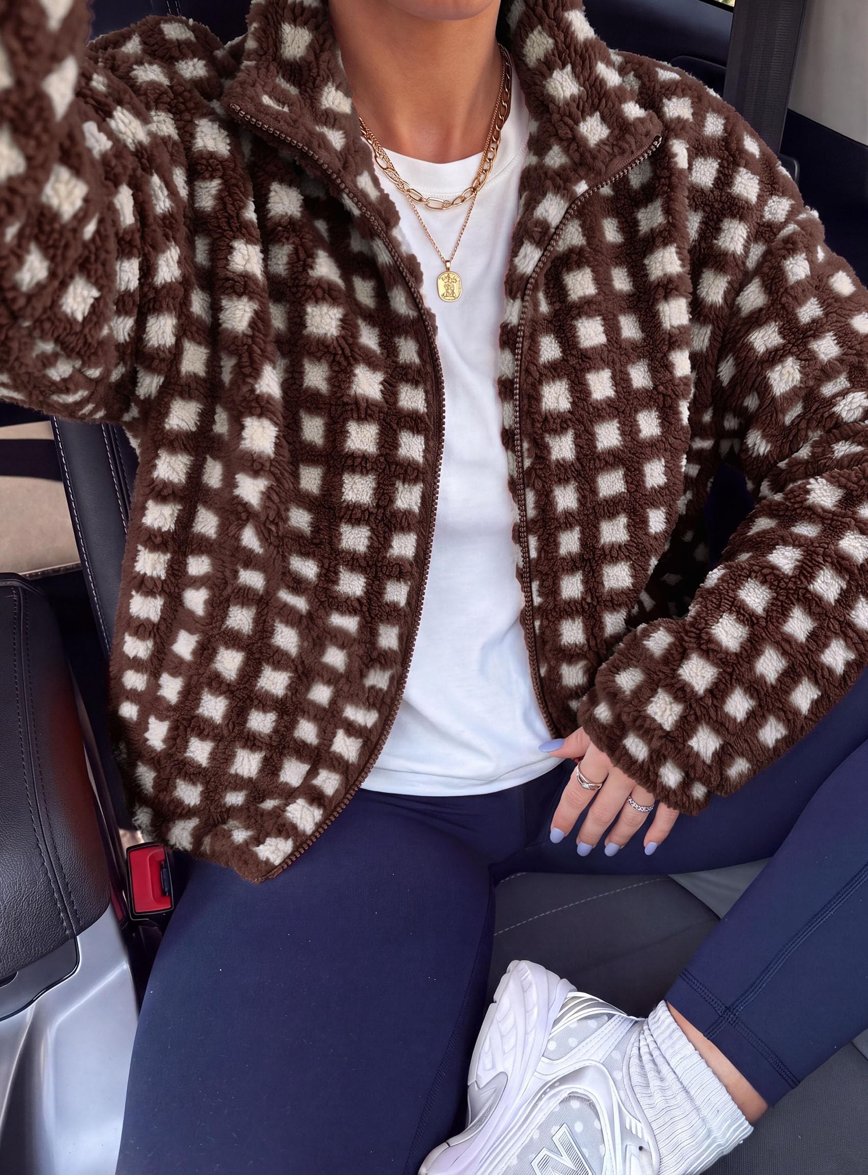 Women's Gingham Sherpa Fleece Jacket Plaid Cropped Teddy Coat