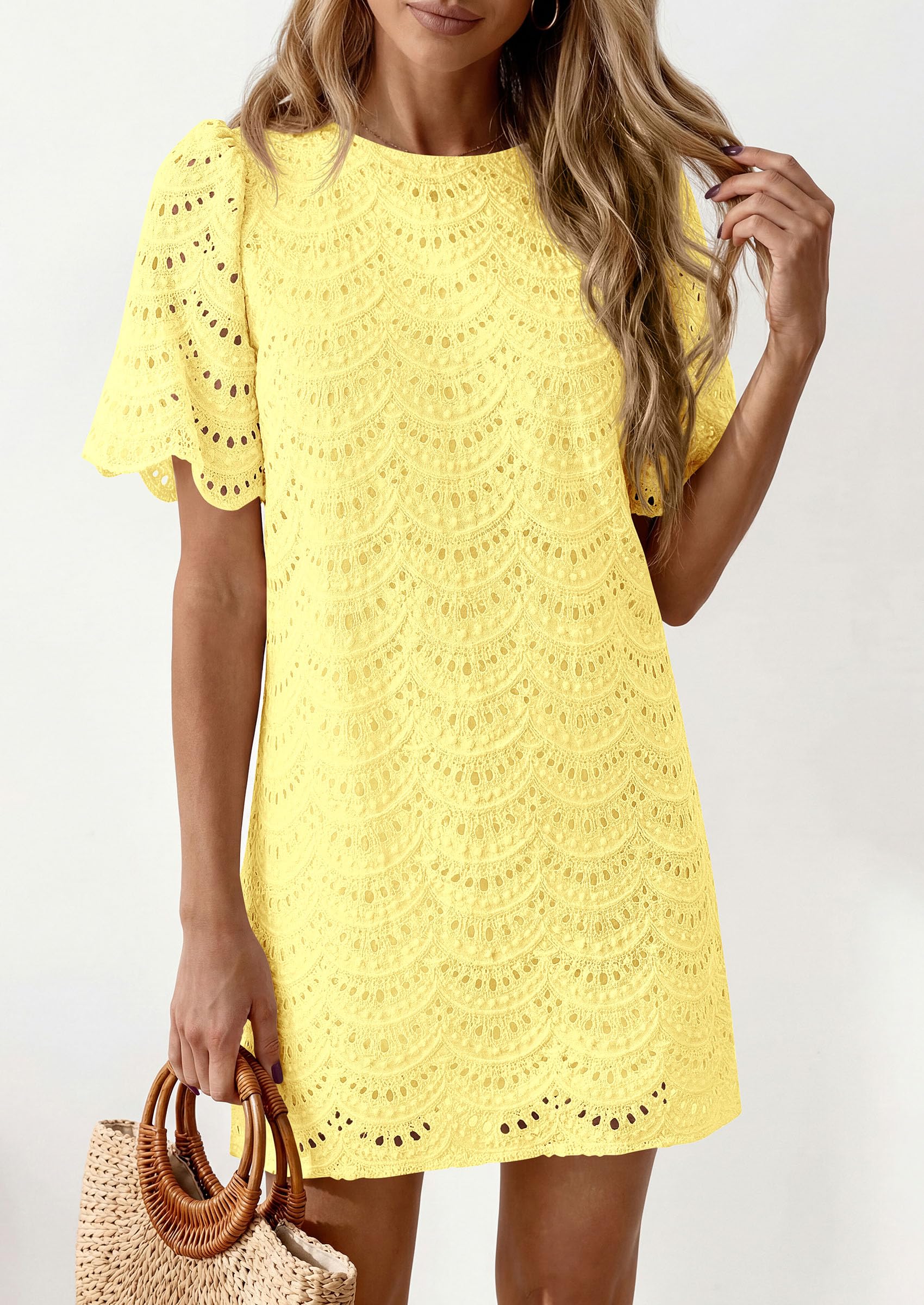 Women's Summer Eyelet Lace Short Dress (Yellow,S)