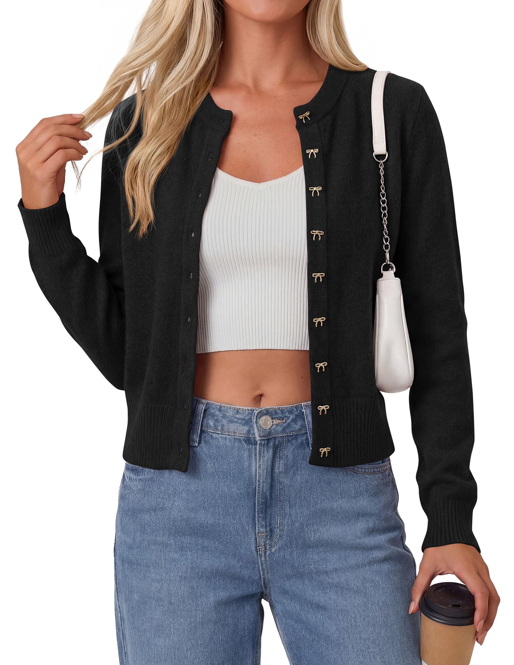 Cardigan Sweaters for Women Cropped Bow Button Up Cardigan