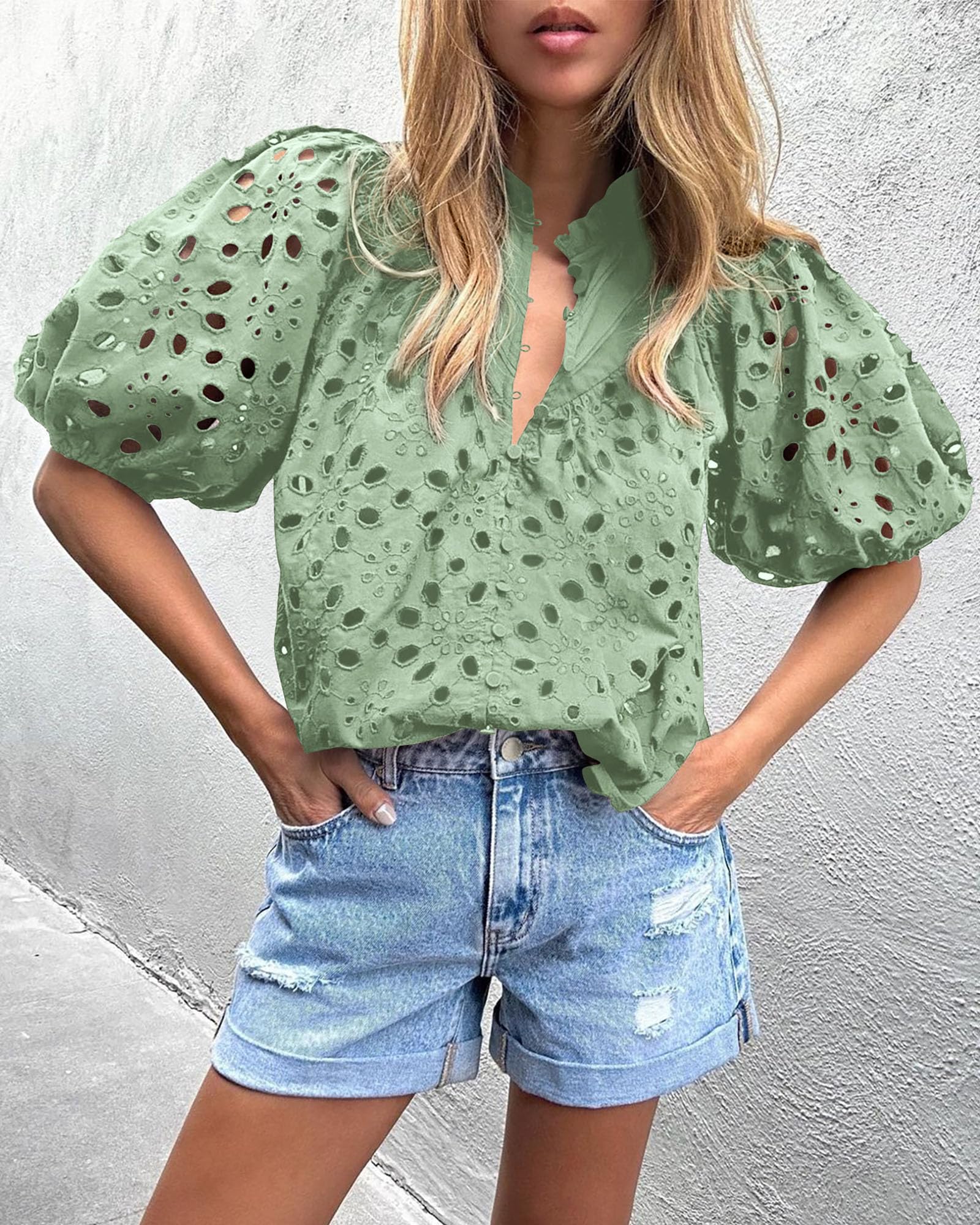 Womens Tops Boho Eyelet Puff Sleeve Blouse, Sage Green,S
