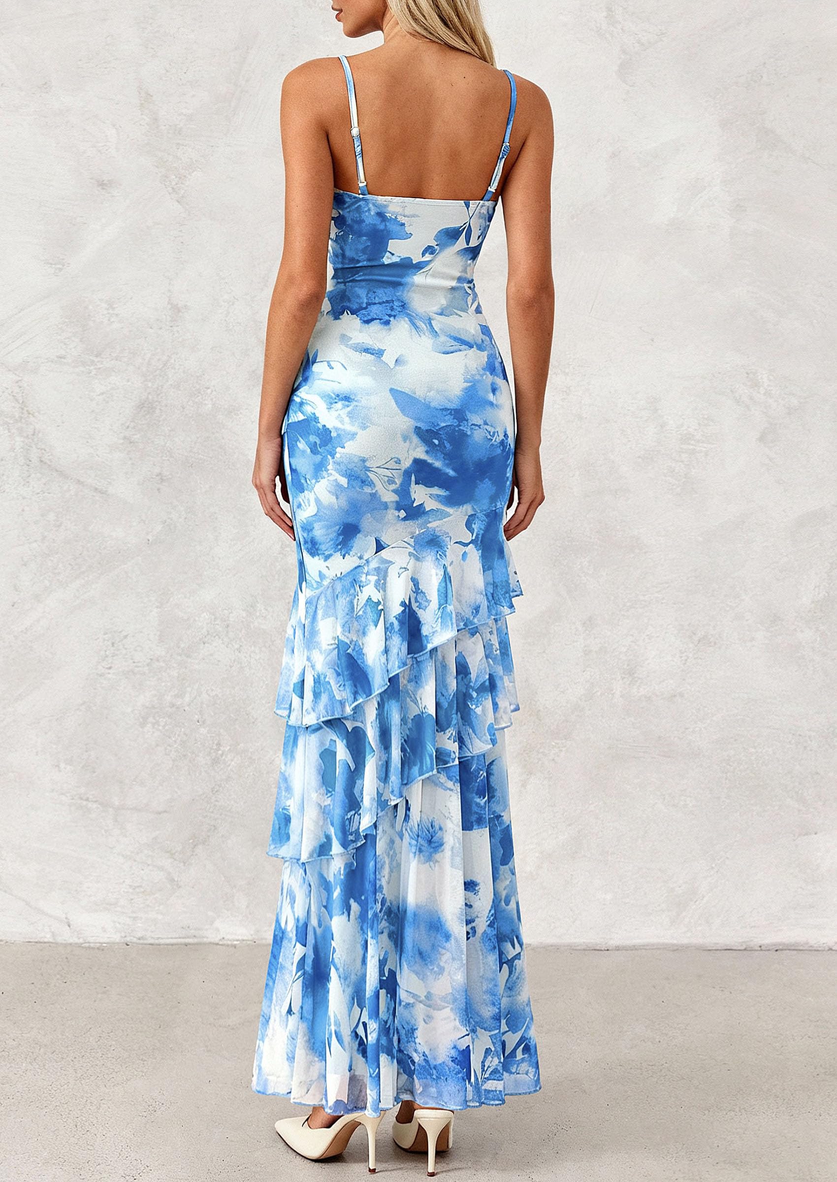 Women's Boho Floral Tiered Maxi Dress, Blue,XS