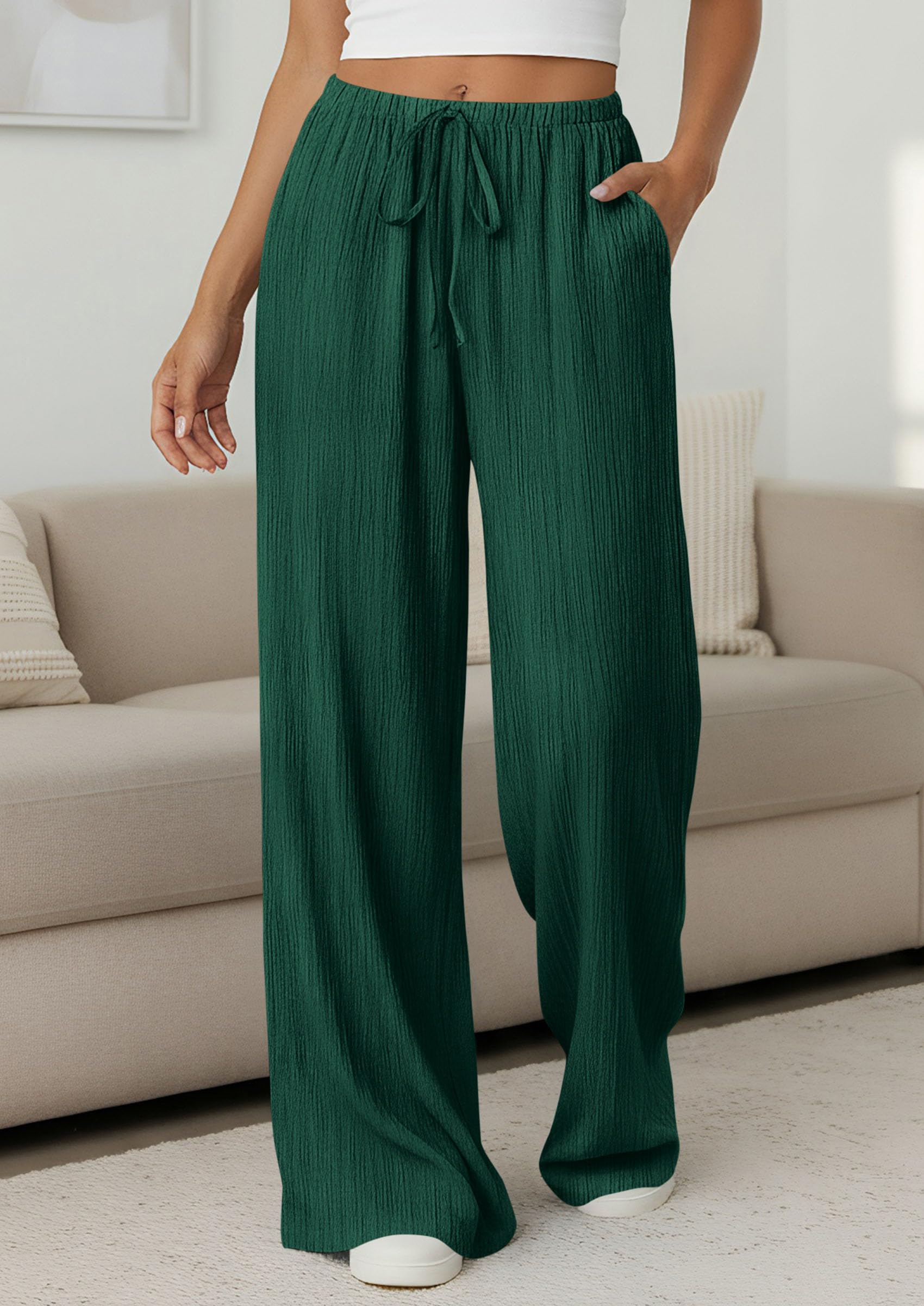 Women's Palazzo Pants Casual Wide Leg Trousers,Dark Green,S