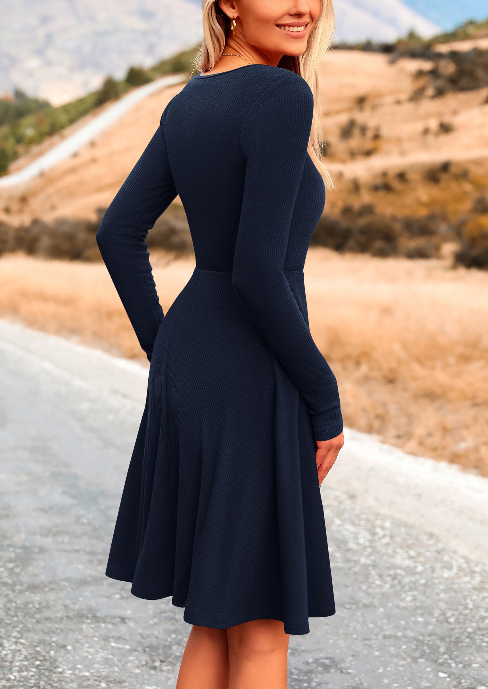 Women's Fall Casual Long Sleeve Short Dress (Navy,S)