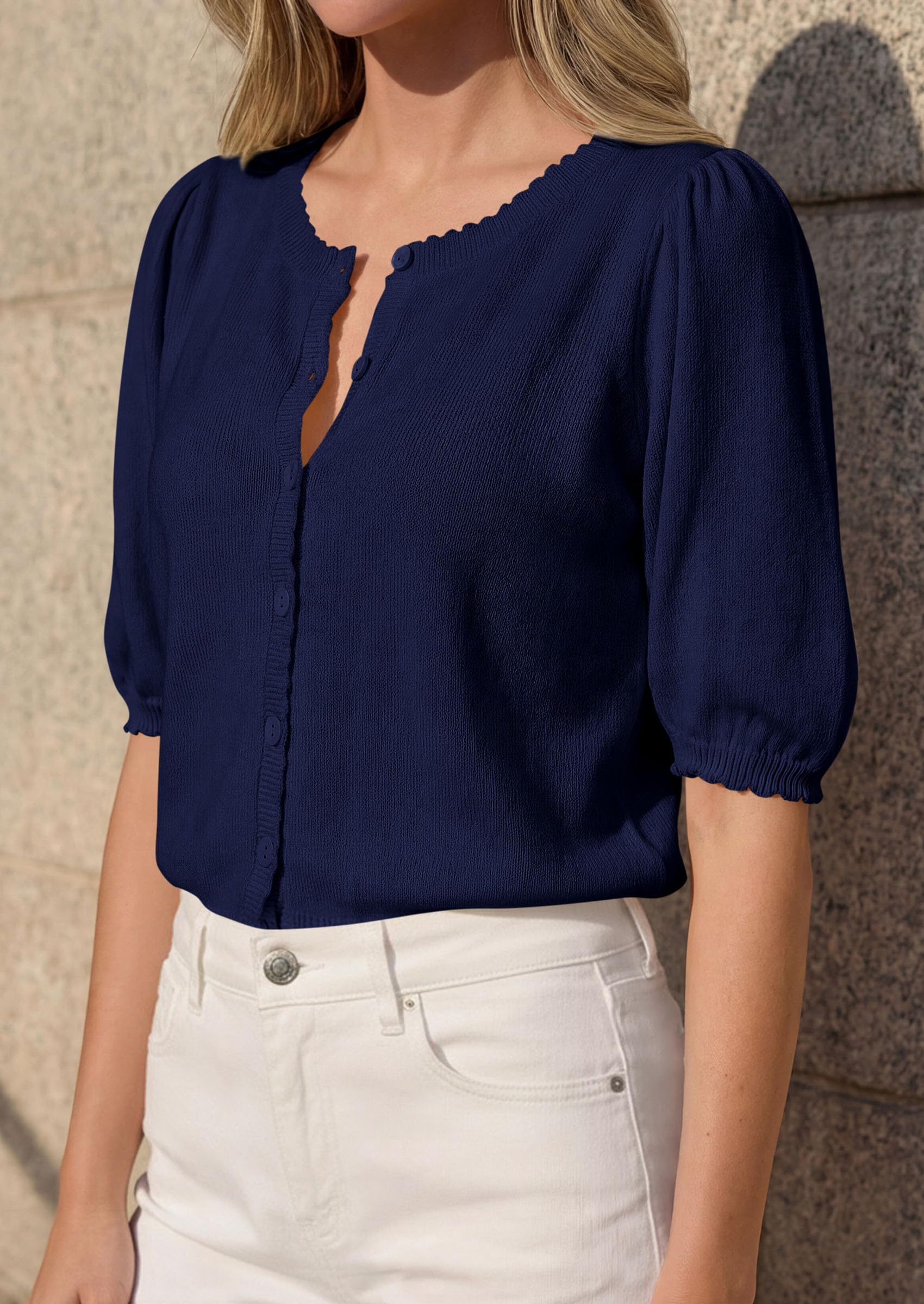 Women Short Sleeve Lightweight Knit Cardigans, Navy Blue,S