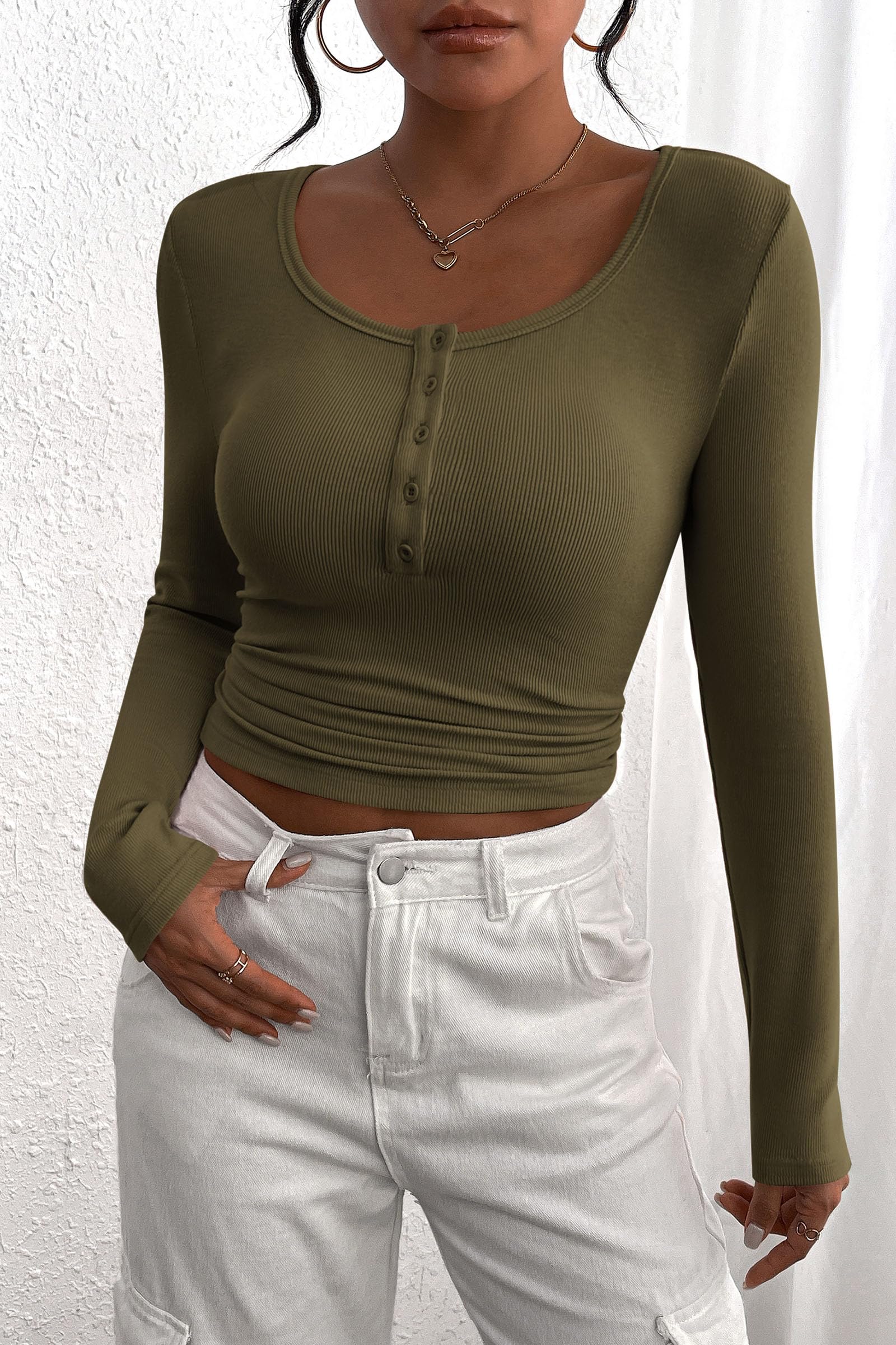 Women's Fall Long Sleeve Henley T Shirts Army Green