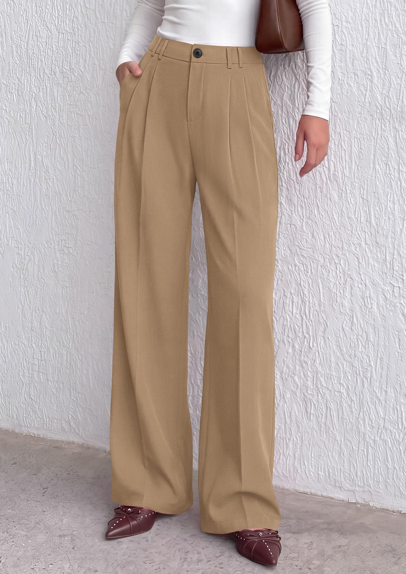 Women's Dress Pants Wide Leg Flowy Trousers,Light Khaki,S