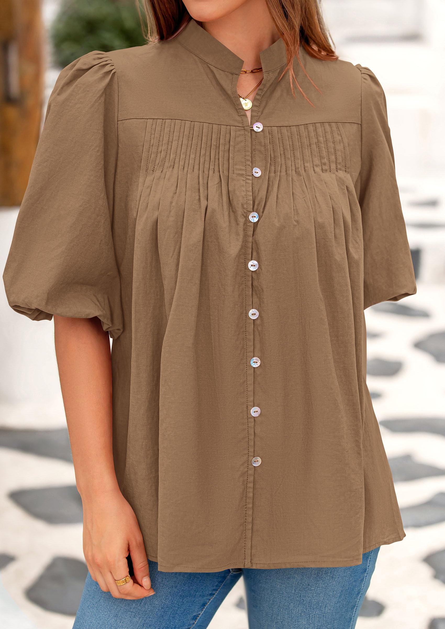 Short Sleeve Henley Shirts for Women,Light Khaki,S
