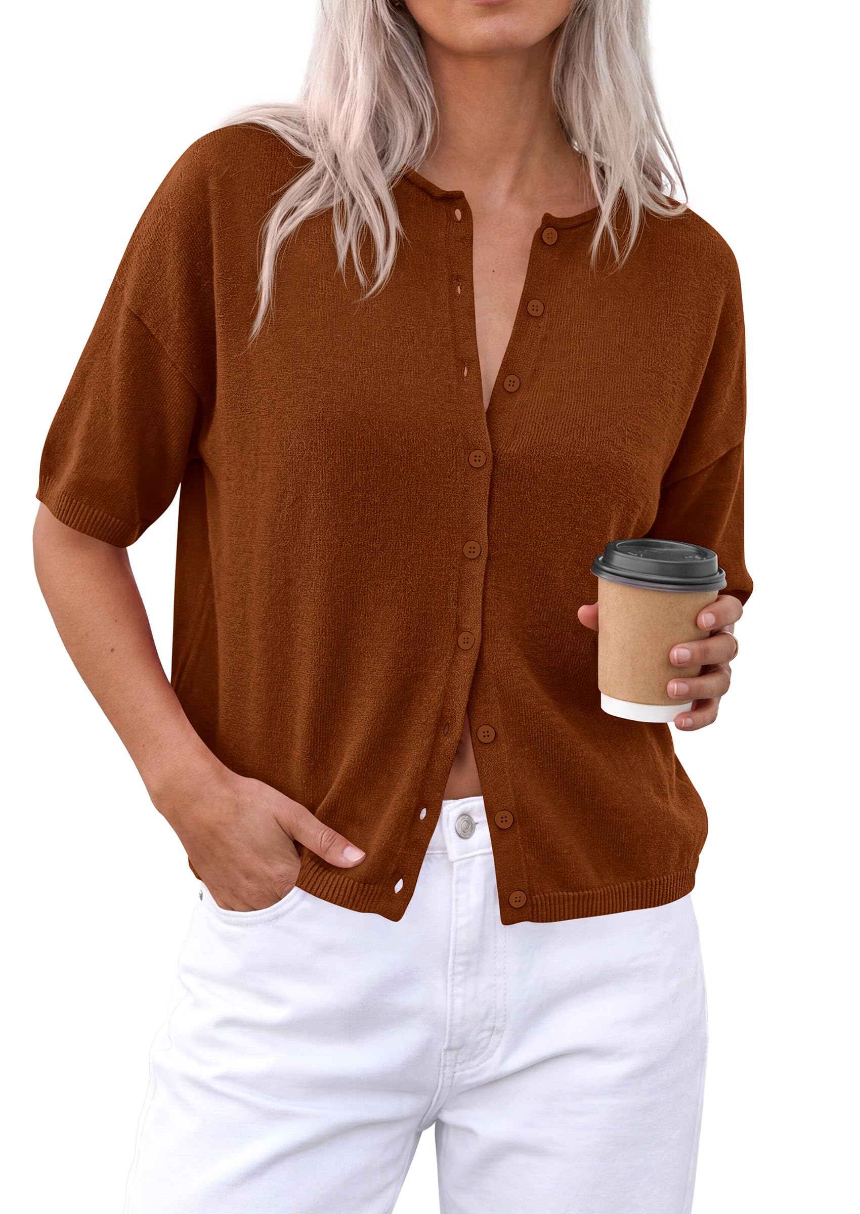 Women's Short Sleeve Cardigan Sweaters (Brown,Small)