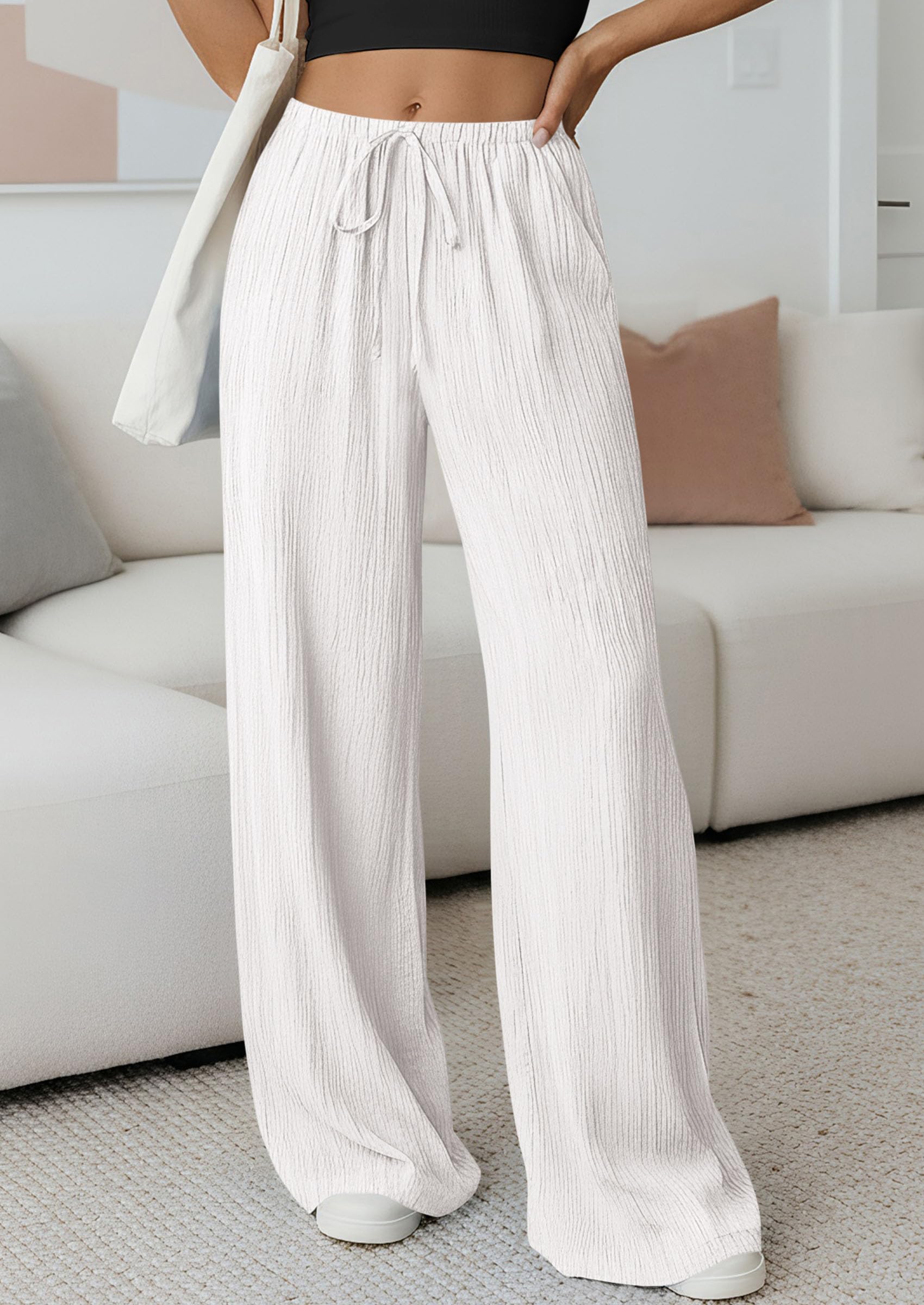 Women's Palazzo Pants Casual Wide Leg Trousers,White,S