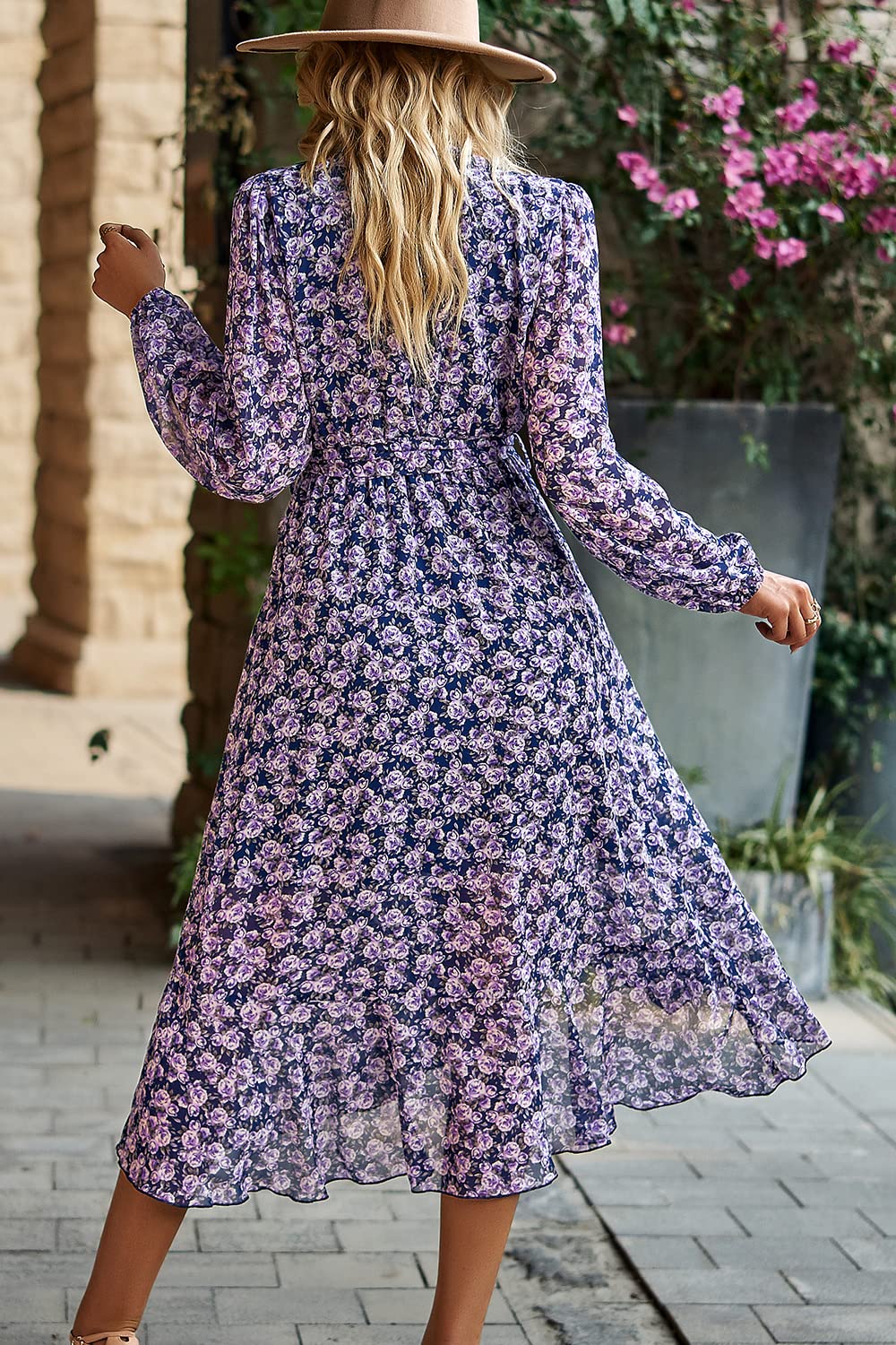 Women's Floral Boho Long Sleeve Maxi Dress, Floral Navy,S