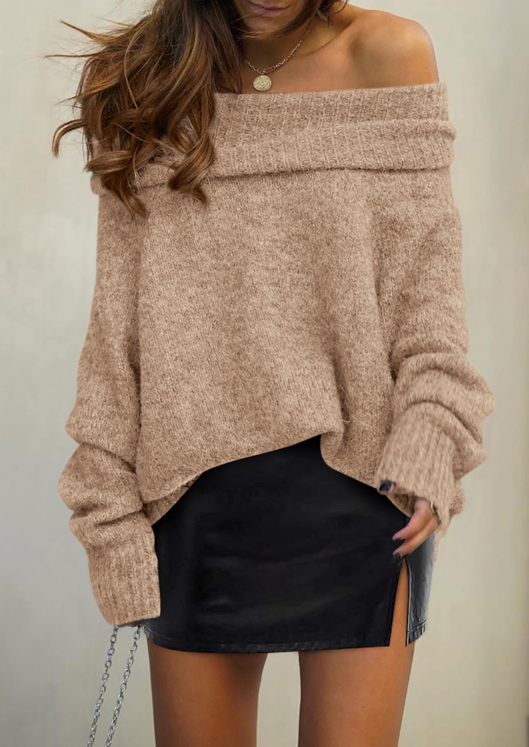 Women's Fall Off The Shoulder Sweater,Khaki,S