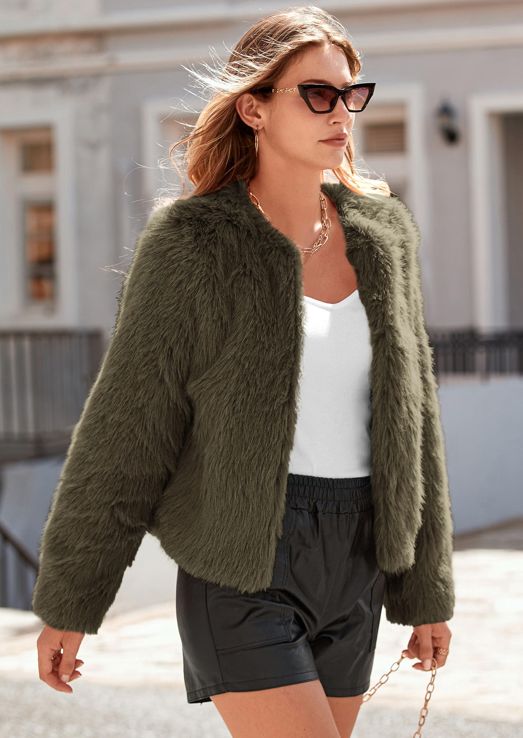 Women's Winter Cropped Faux Fur Coats(Army Green,Small)