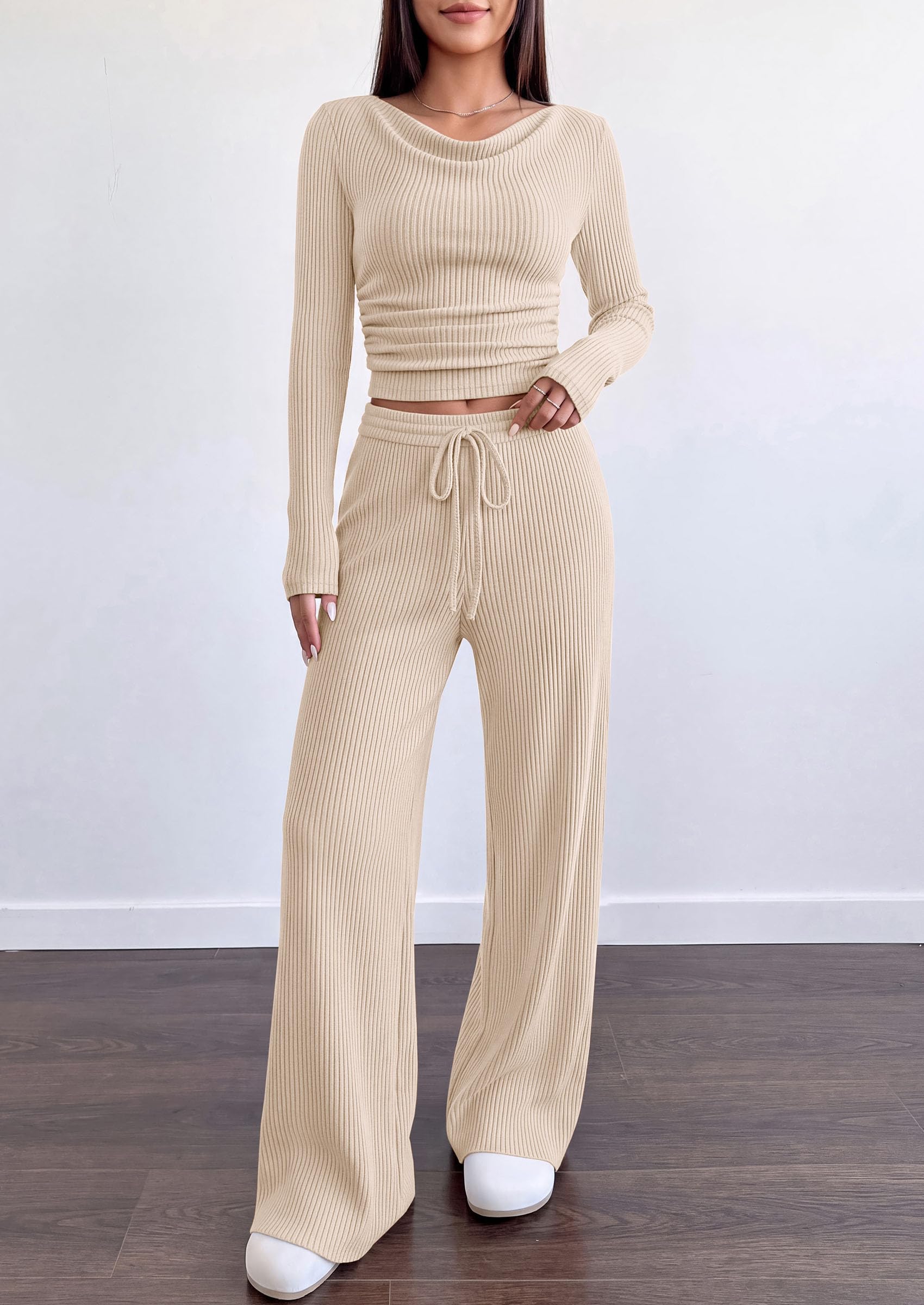 Matching Sets Women Clothing Fall Ribbed 2 Piece Lounge Set