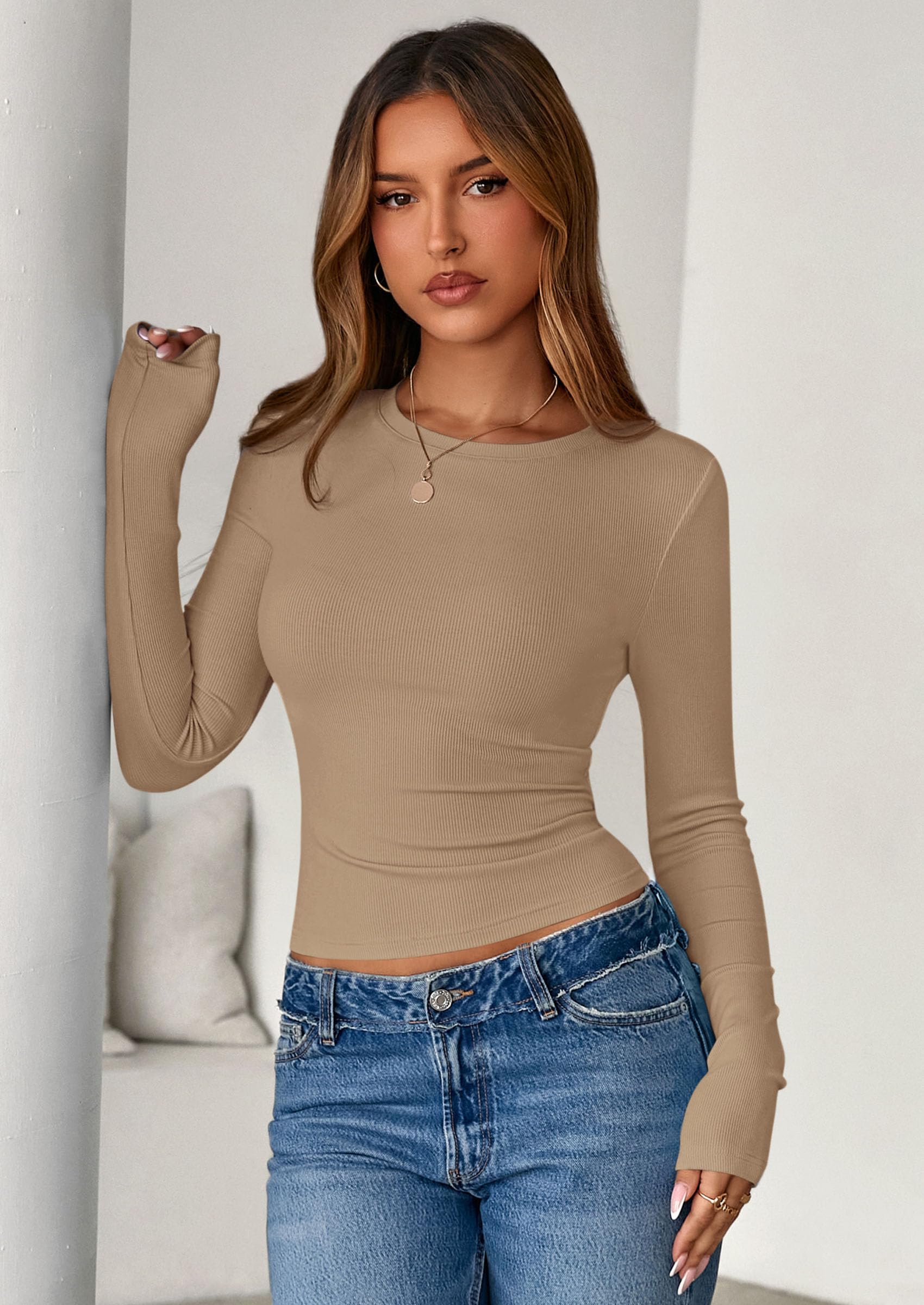 Women's Fall Long Sleeve Shirts Basic Tees (Khaki,XS)