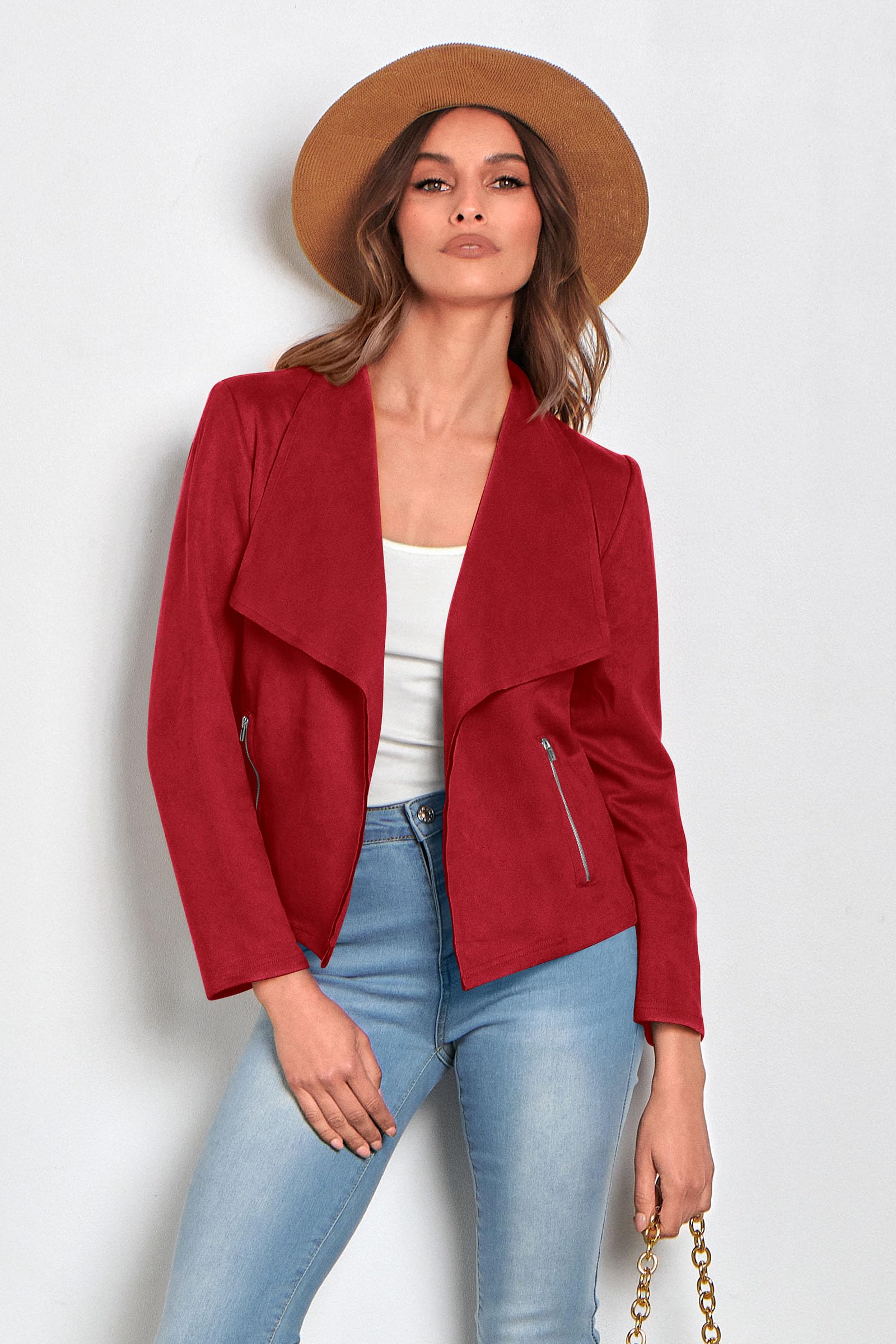 Women's Fall Fashion Faux Suede Jackets(Red,Small)