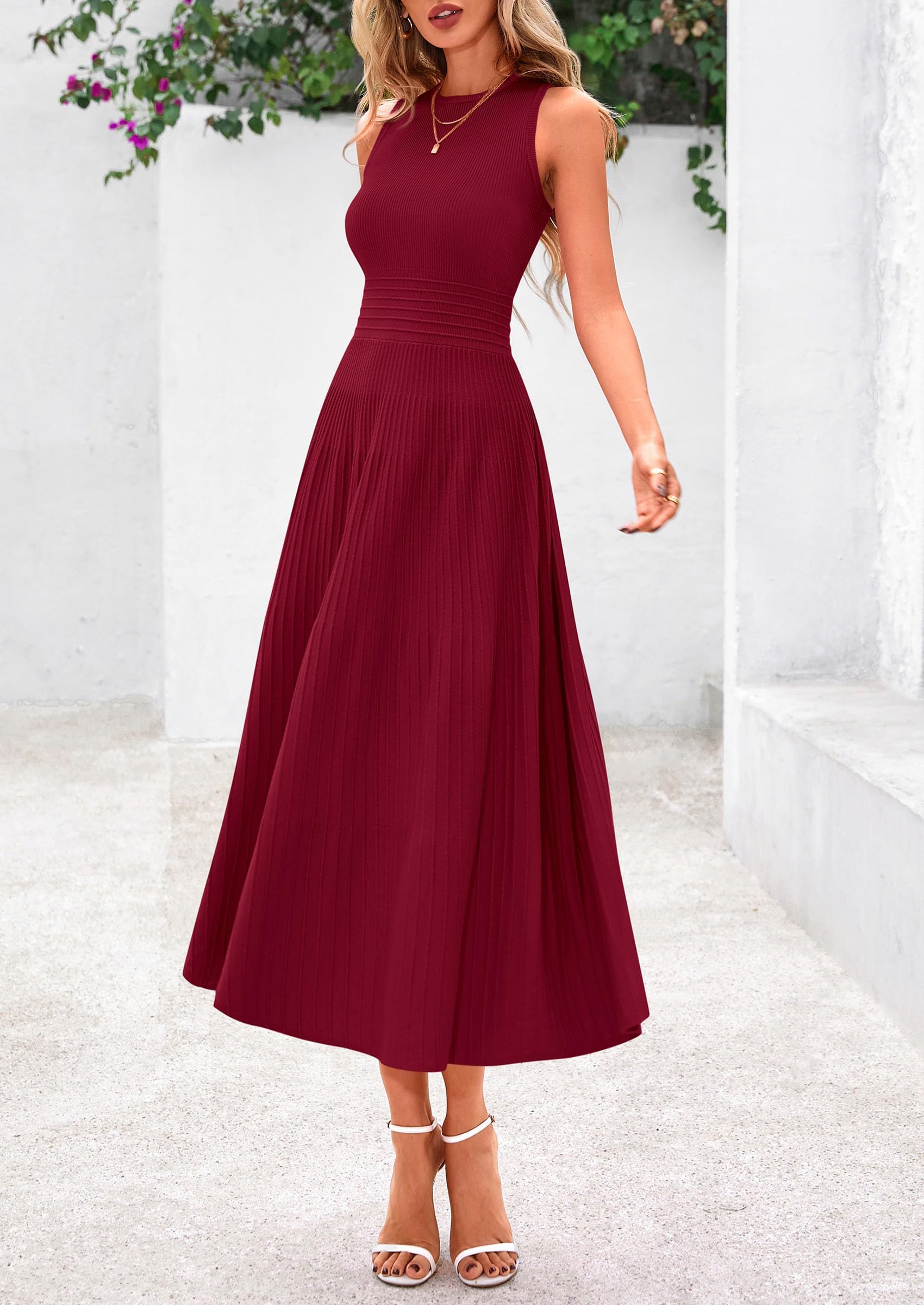 Women's Summer Pleated Midi Work Dress,Burgundy,S