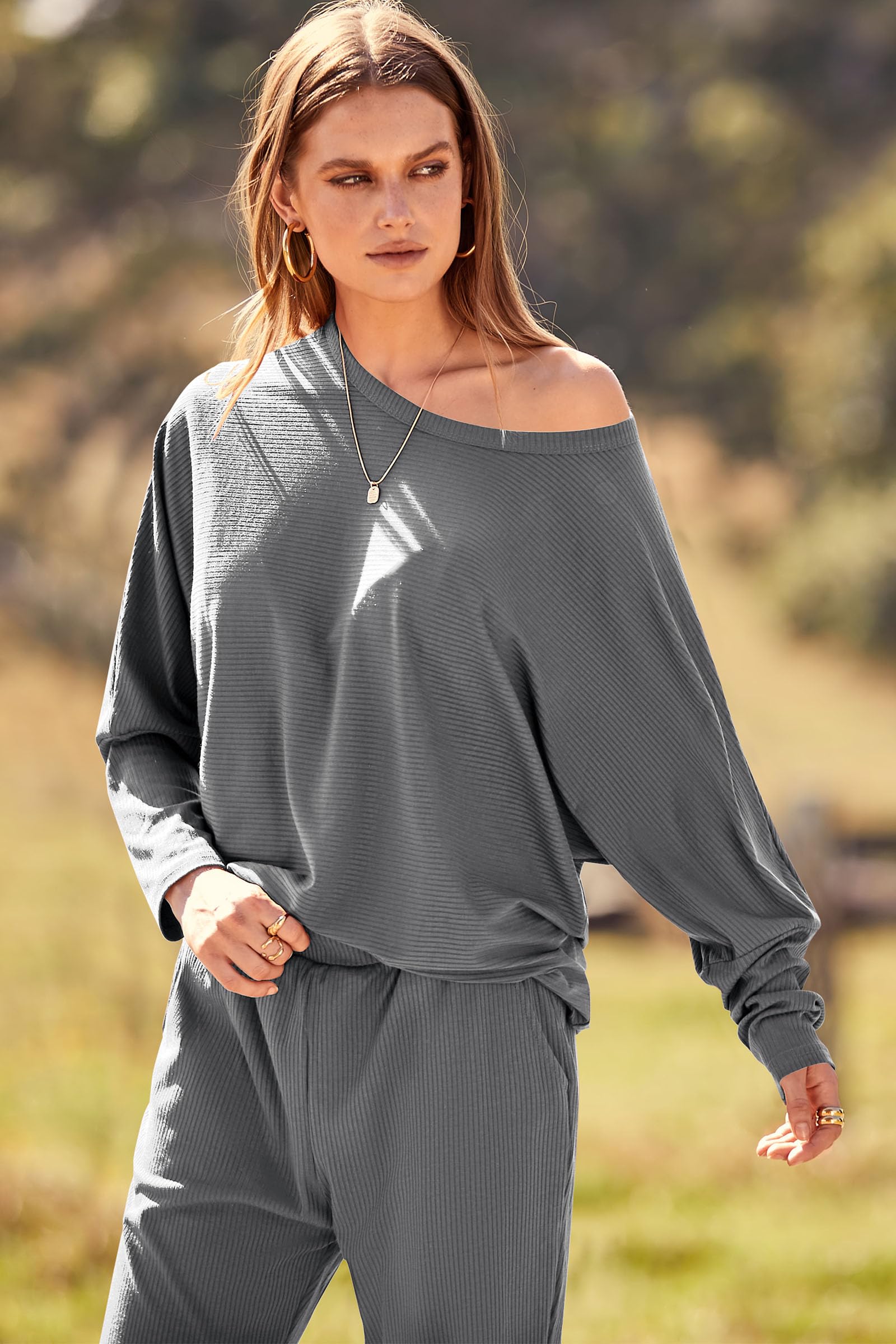 Women's 2 Piece Fall Outfits Matching Ribbed Knit Lounge Sets