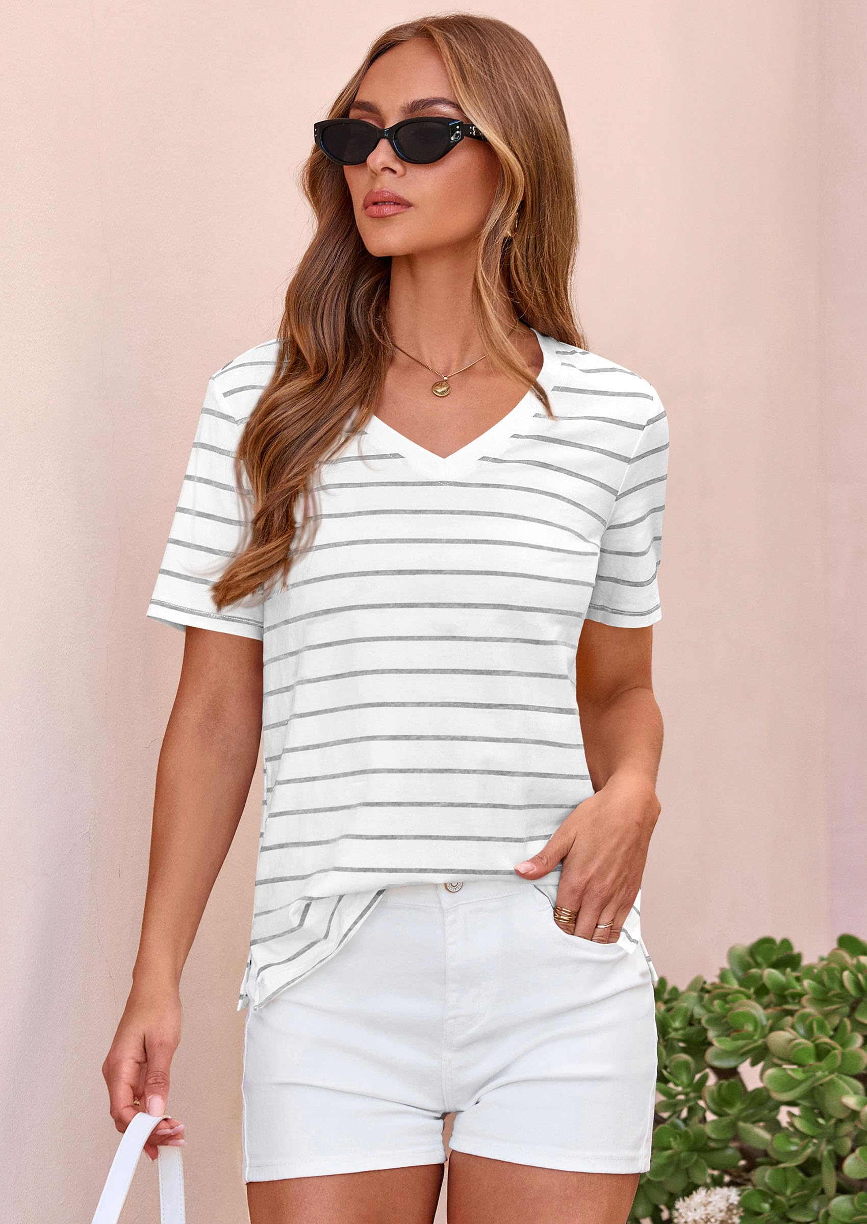 Striped Short Sleeve Womens Tops,Striped White Grey,S