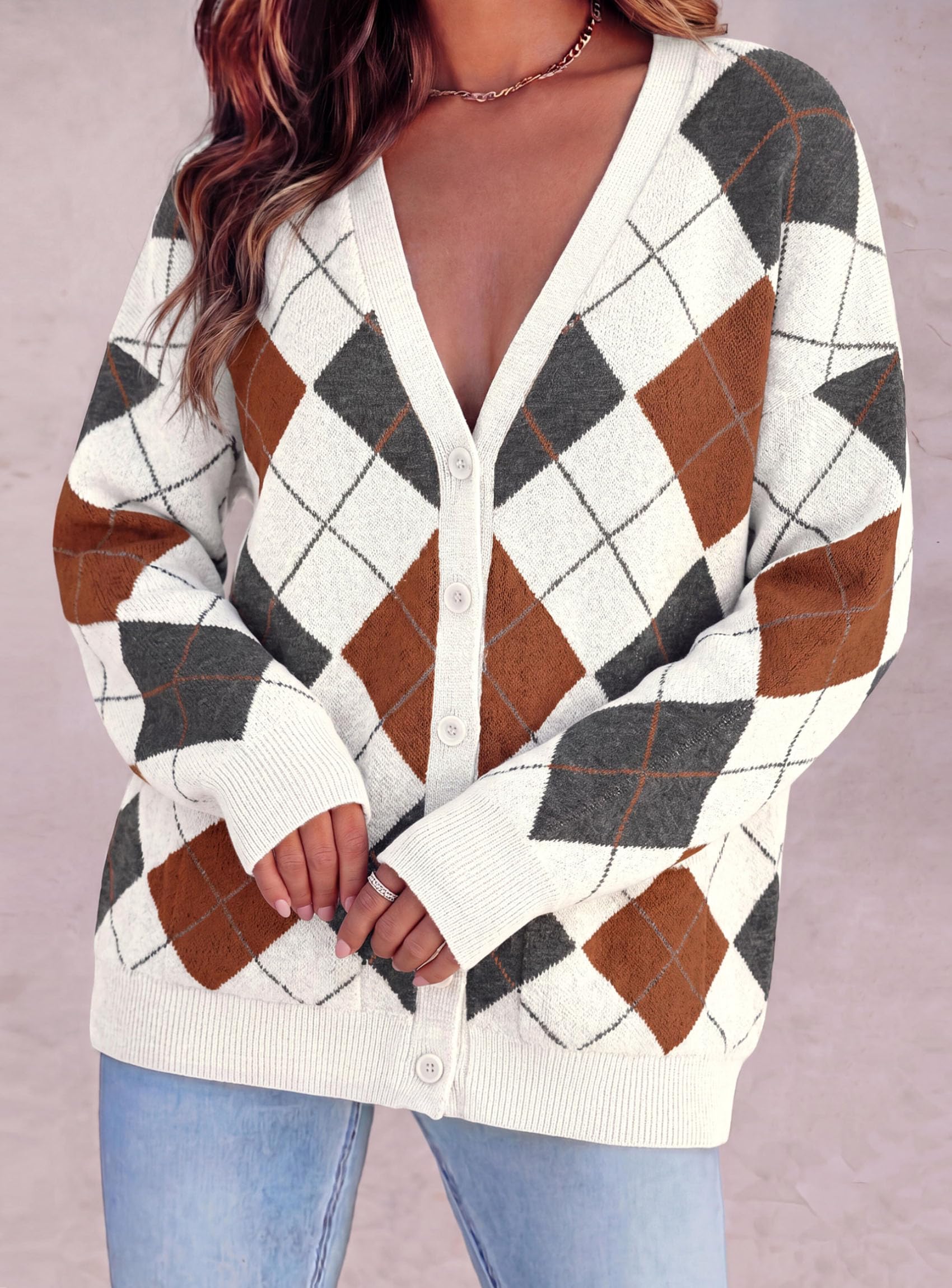 Women's Cardigan Argyle Winter Sweaters (Plaid White,S)