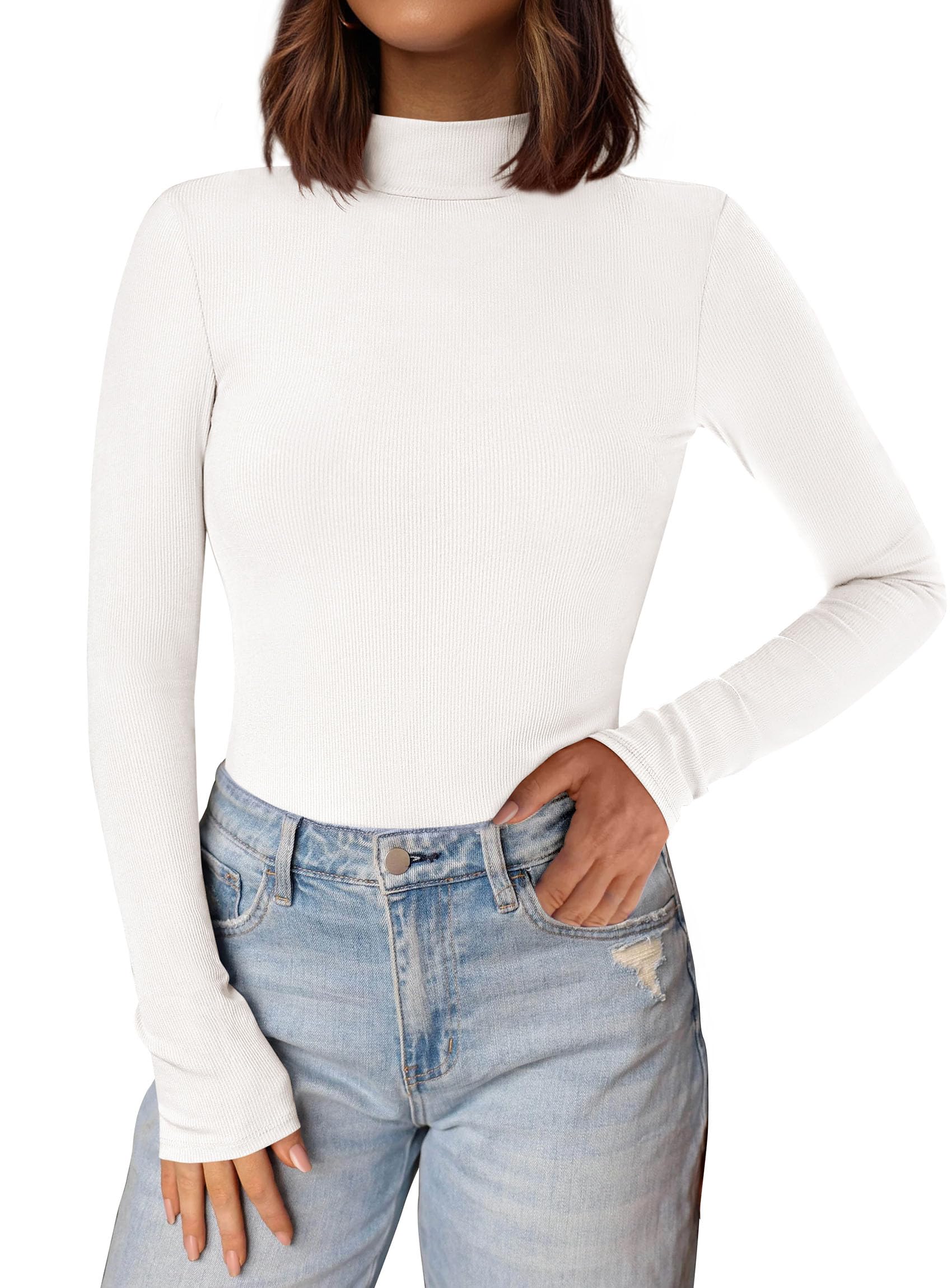 Womens Mock Turtleneck Fall Long Sleeve Shirts,White,M