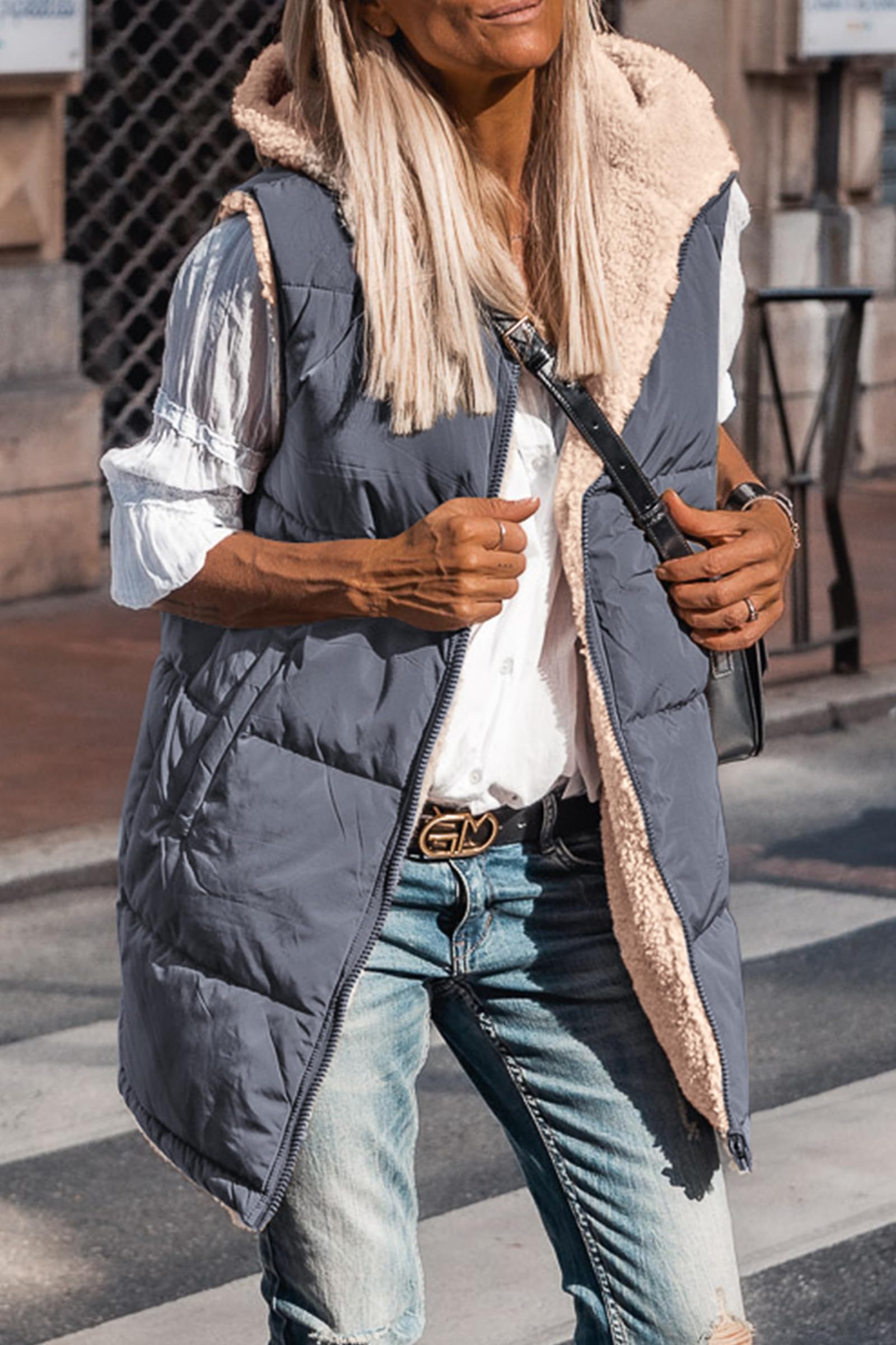 Women's Winter Reversible Fleece Long Vests(Grey Blue,S)