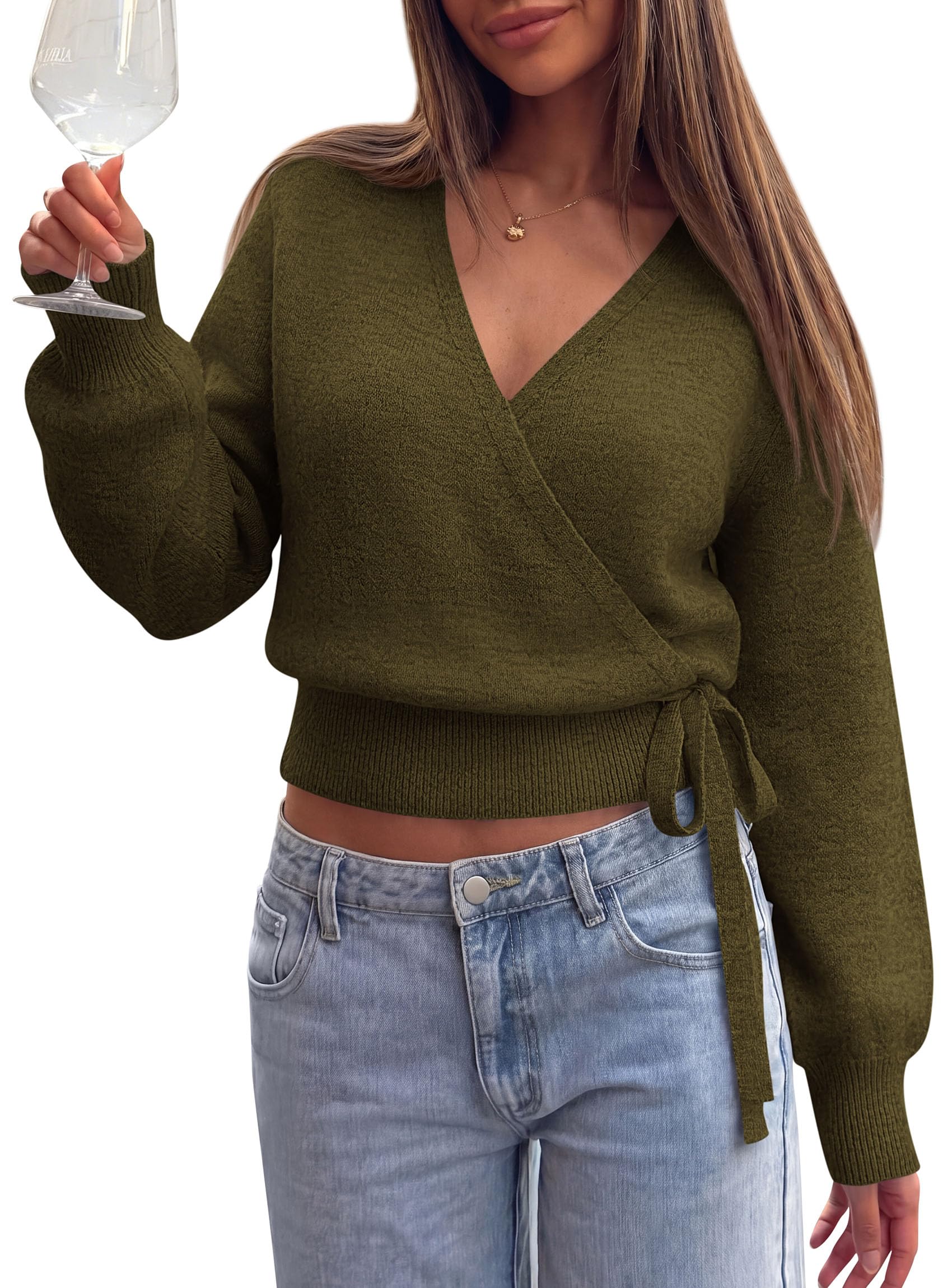 V Neck Wrap Sweaters for Women Fall Outifts Pullover