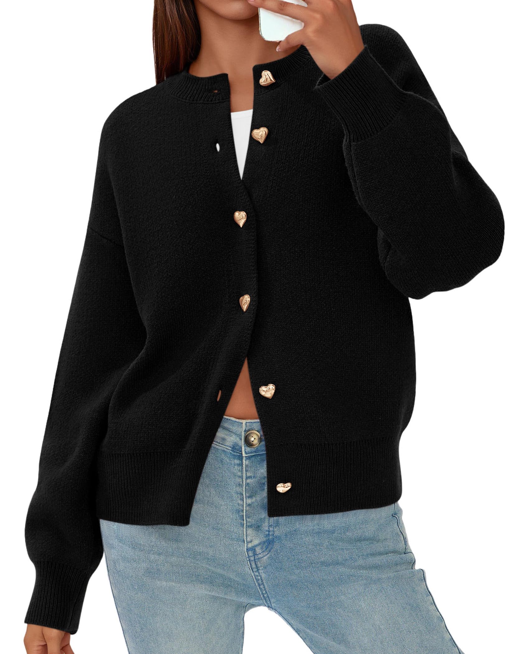 Cardigan for Women 2026 Fall Fashion Long Sleeve Trendy Button Down Work Office Sweaters Cute Winter Jacket (Black,Small)