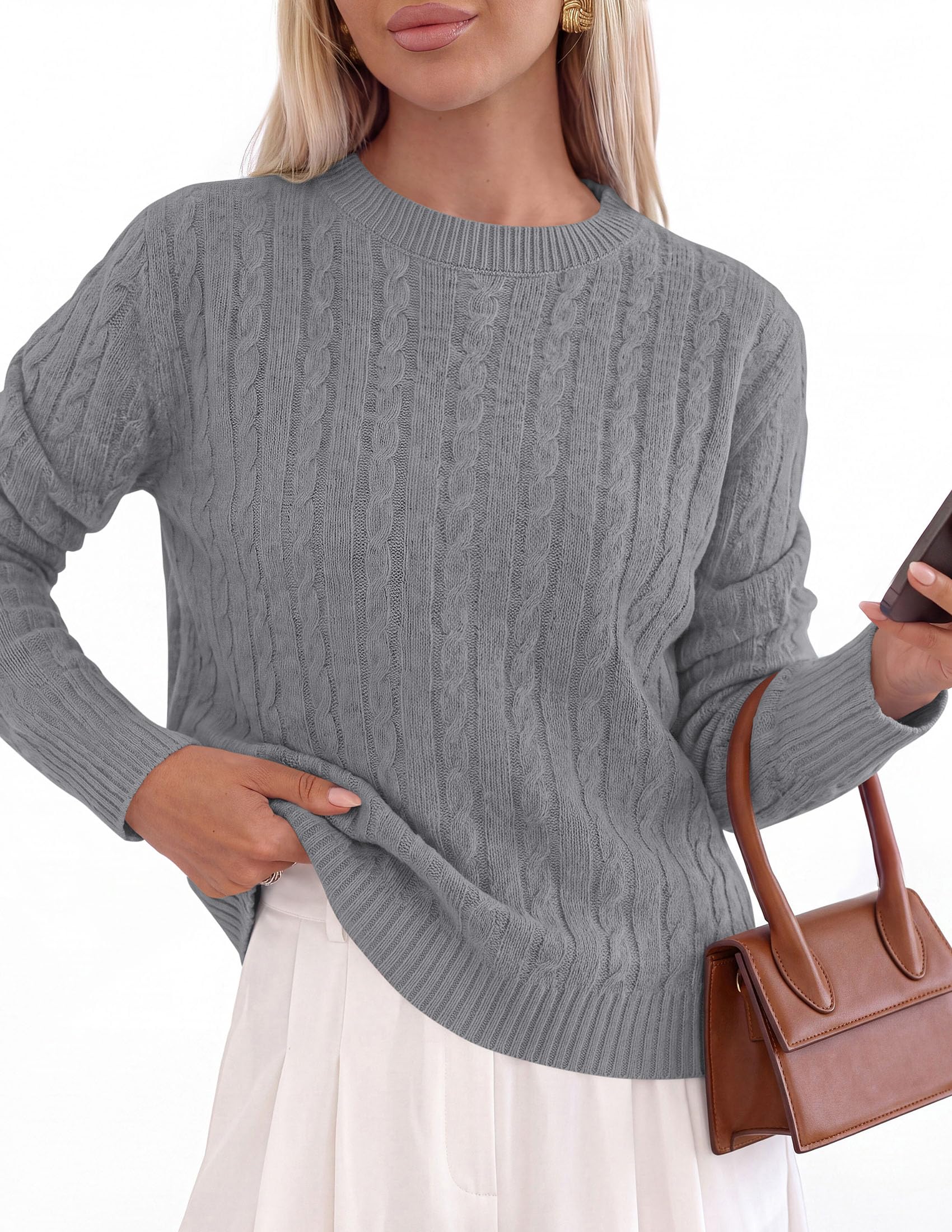 Womens Cable Knit Crewneck Fall Sweater Long Sleeve Tops 2026
