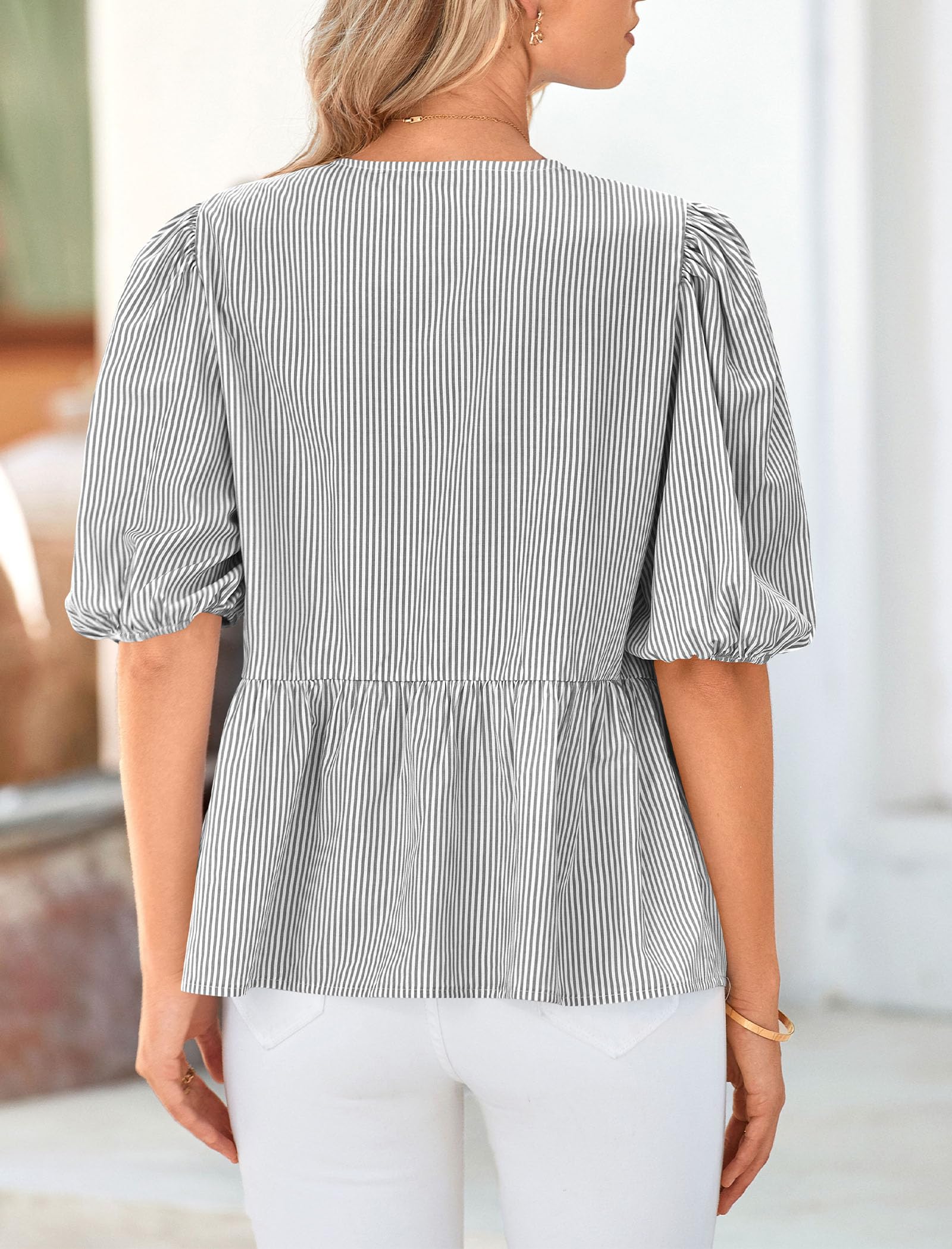 Women Striped Tie Front Babydoll Peplum Tops, Black,S