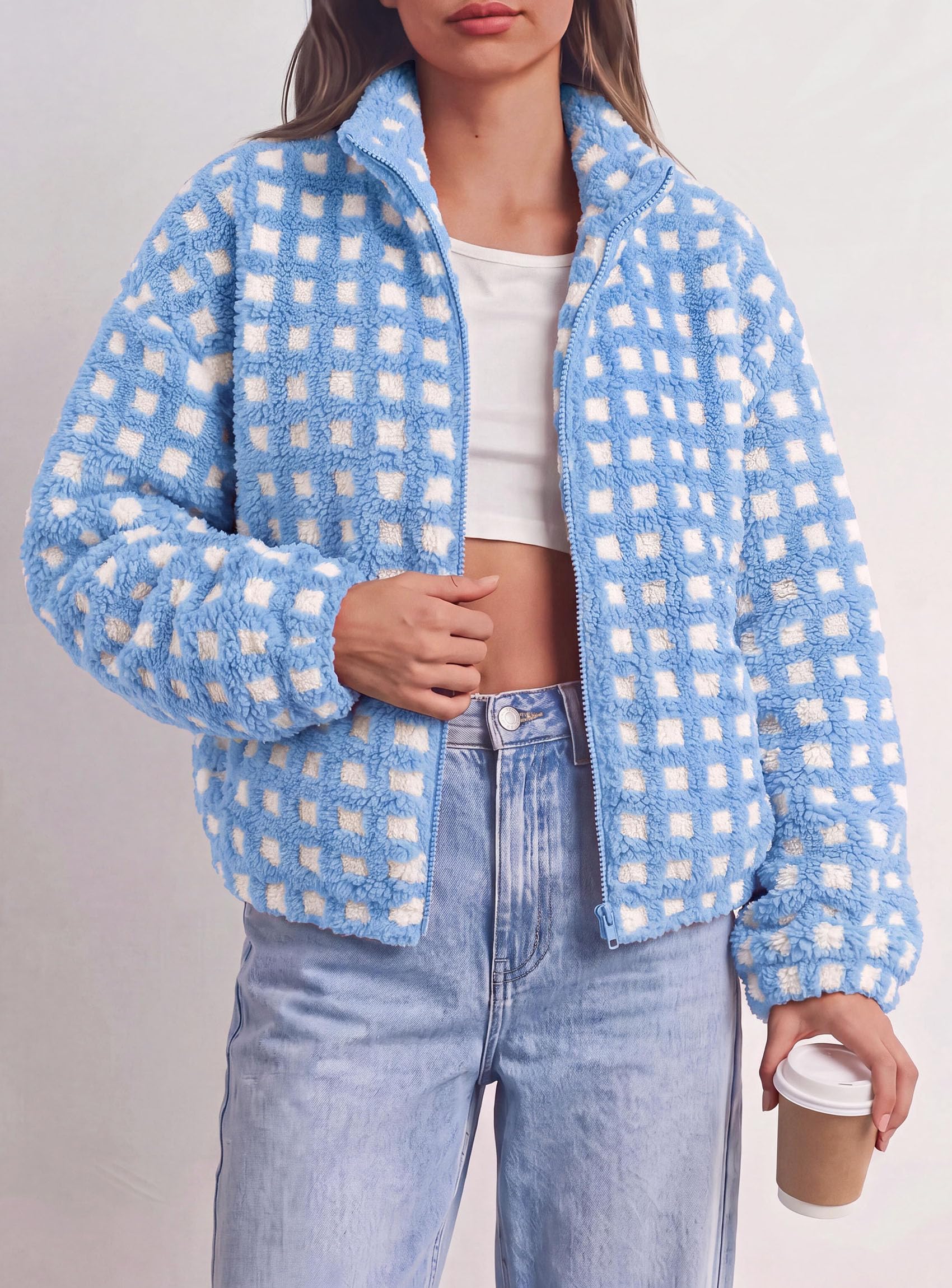 Women's Gingham Sherpa Fleece Jacket Plaid Cropped Teddy Coat