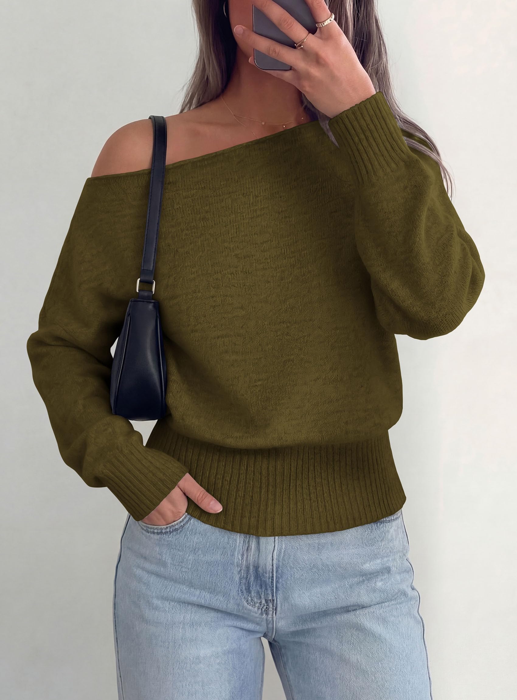 Womens Off The Shoulder Sweater Fall Fashion,Army Green,S