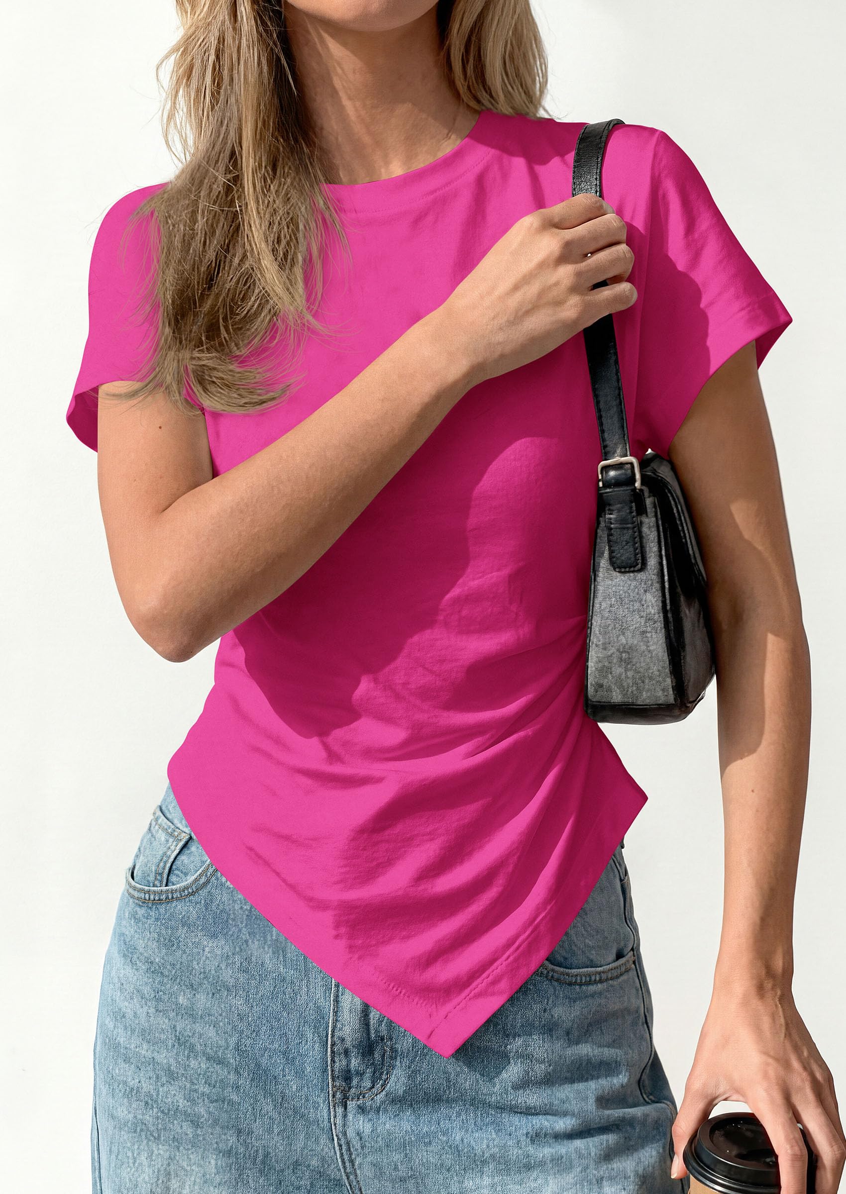 Womens Asymmetrical Summer Short Sleeve Tops,Rose Red,XS