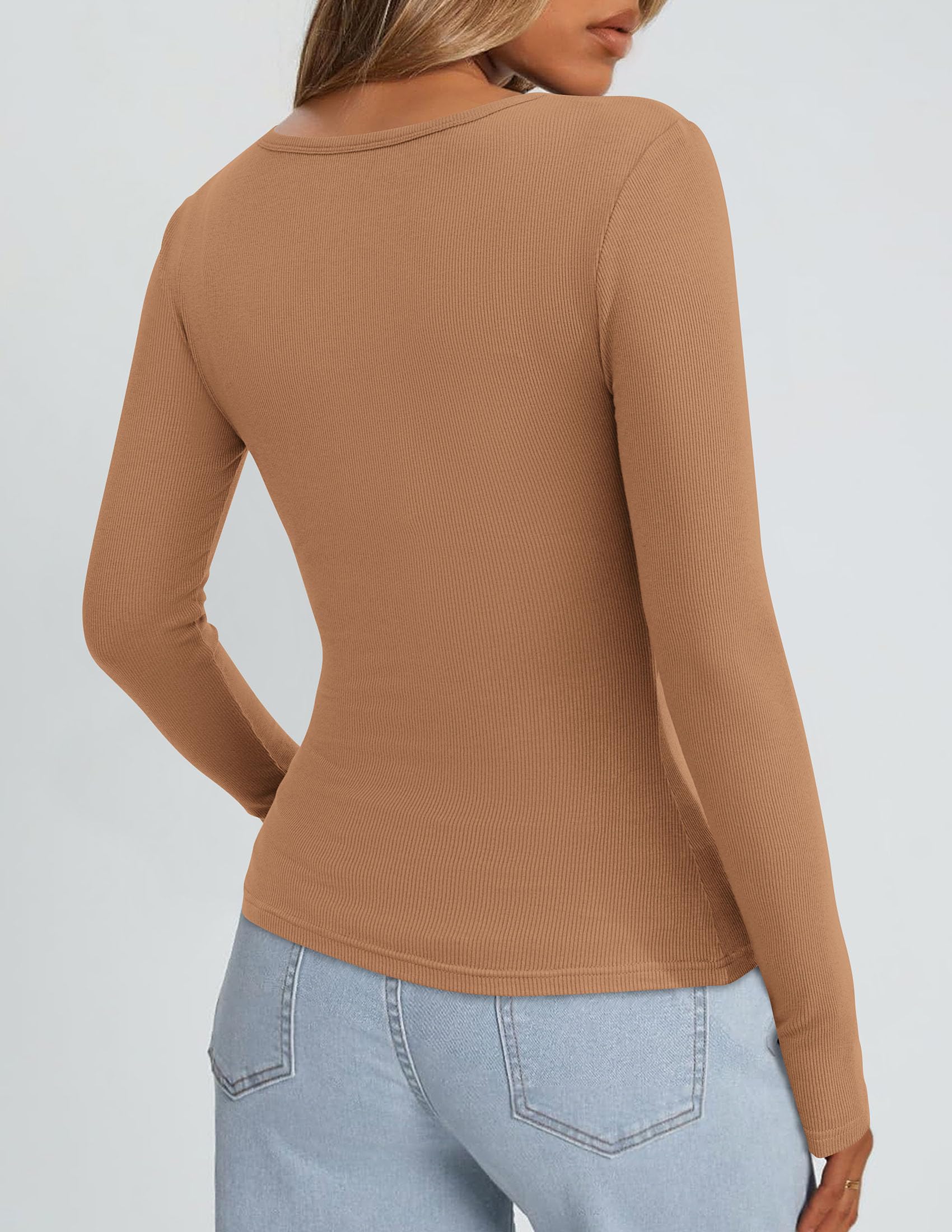 Square Neck Long Sleeve Shirts for Women Light Camel,XS