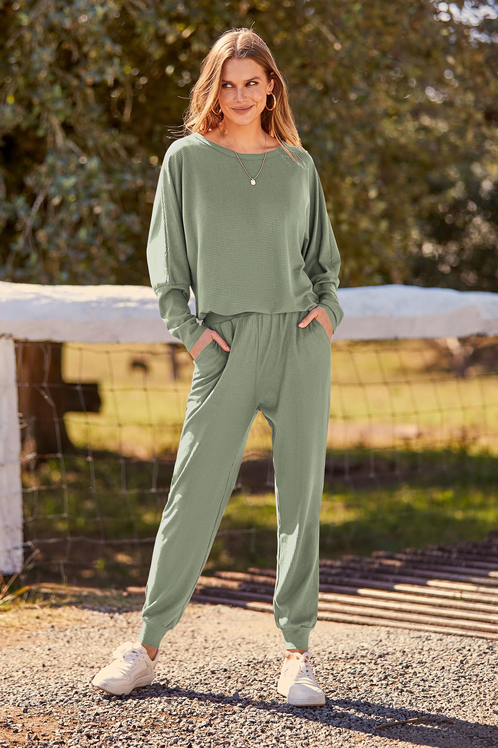 Women's 2 Piece Fall Outfits Matching Ribbed Knit Lounge Sets