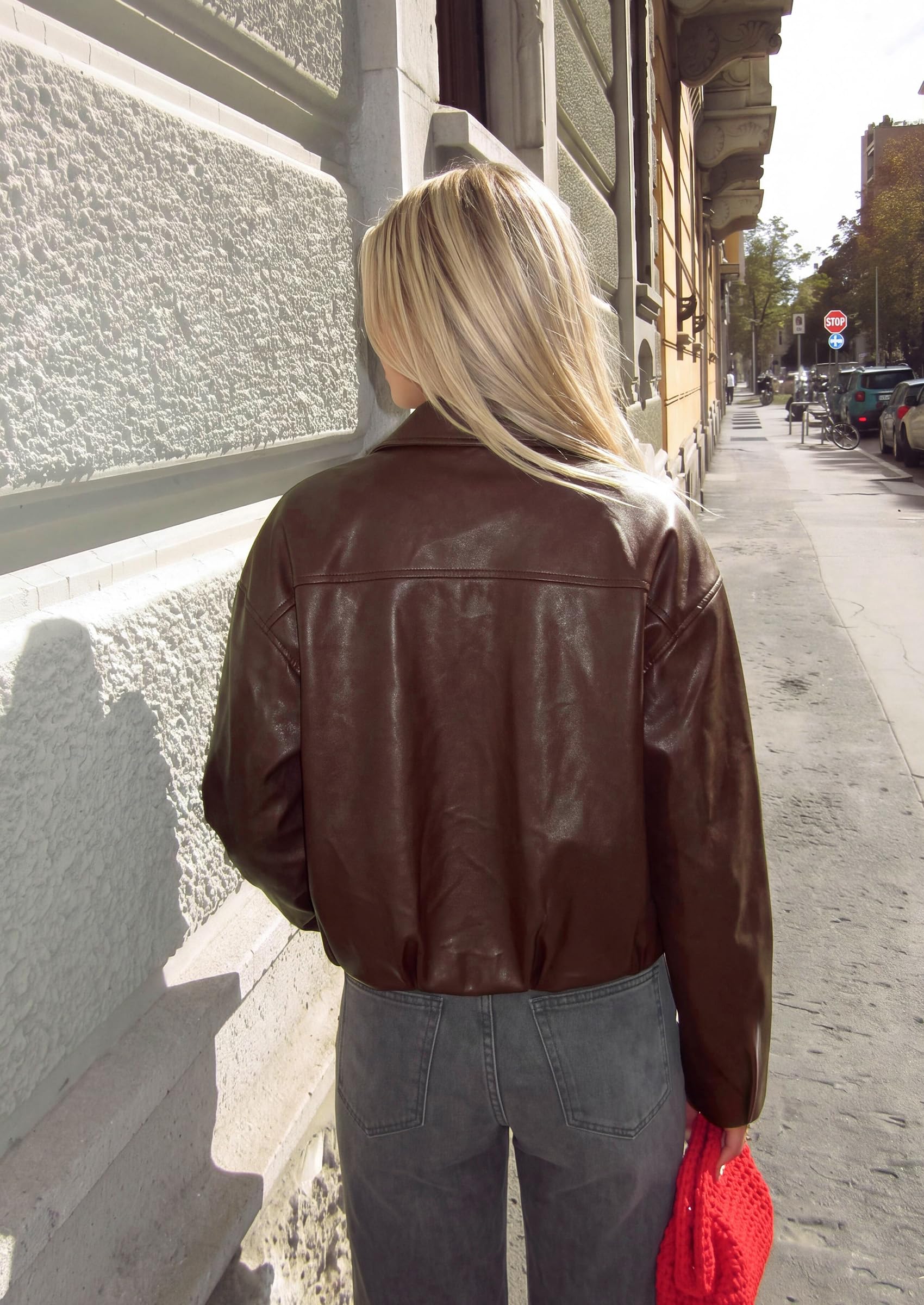 Womens Faux Leather Motorcycle Jackets Fall Cropped Coats
