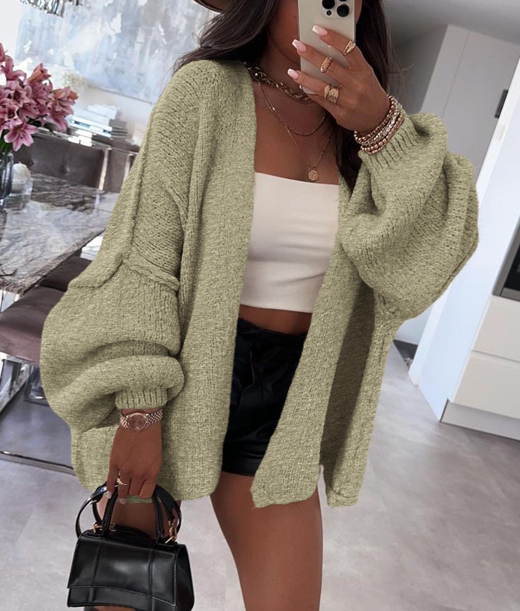 Womens Open Front Oversized Cardigan Sweaters,Mist Green,XS
