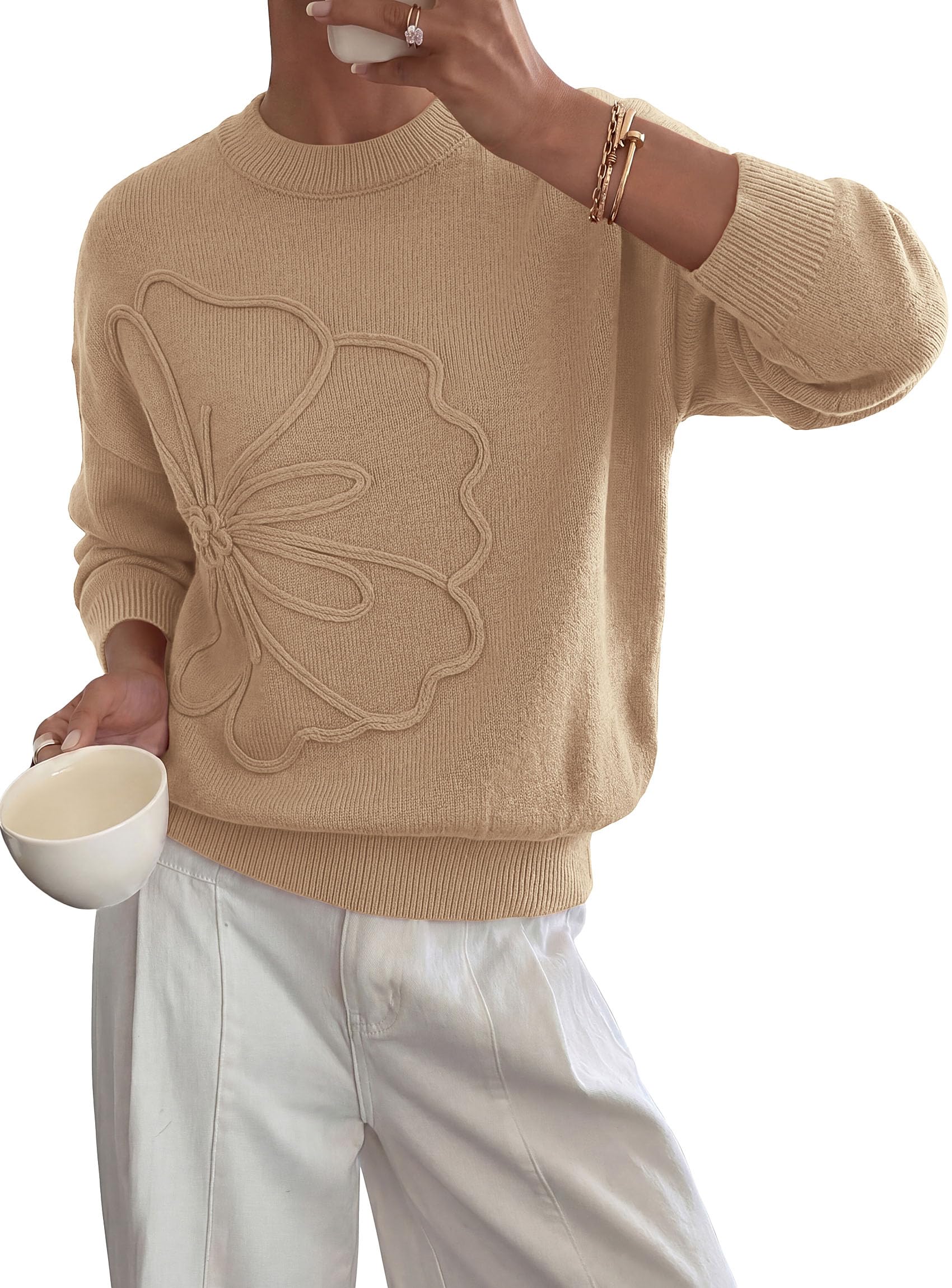 Womens Sweaters Floral Long Sleeve Knit Tops,Khaki,S