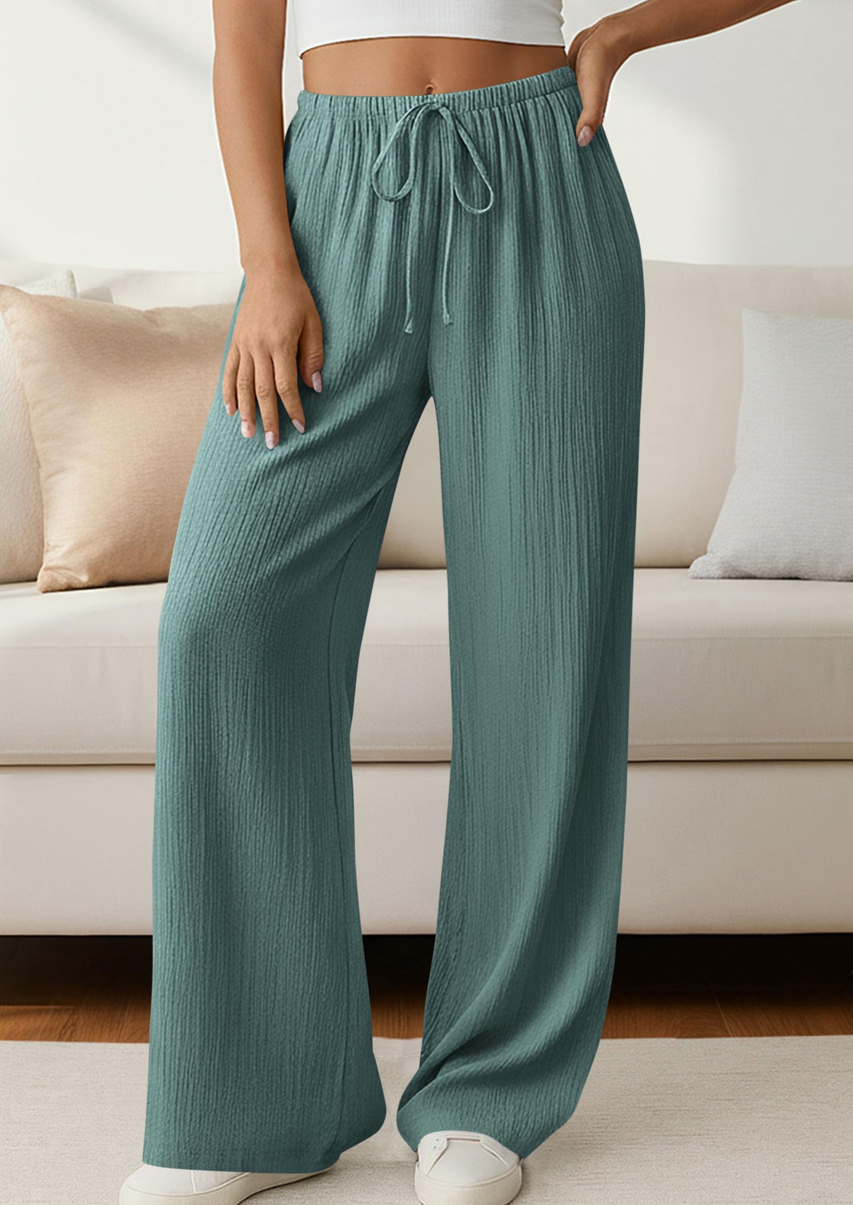 Women's Palazzo Pants Casual Wide Leg Trousers,Blue Green,S