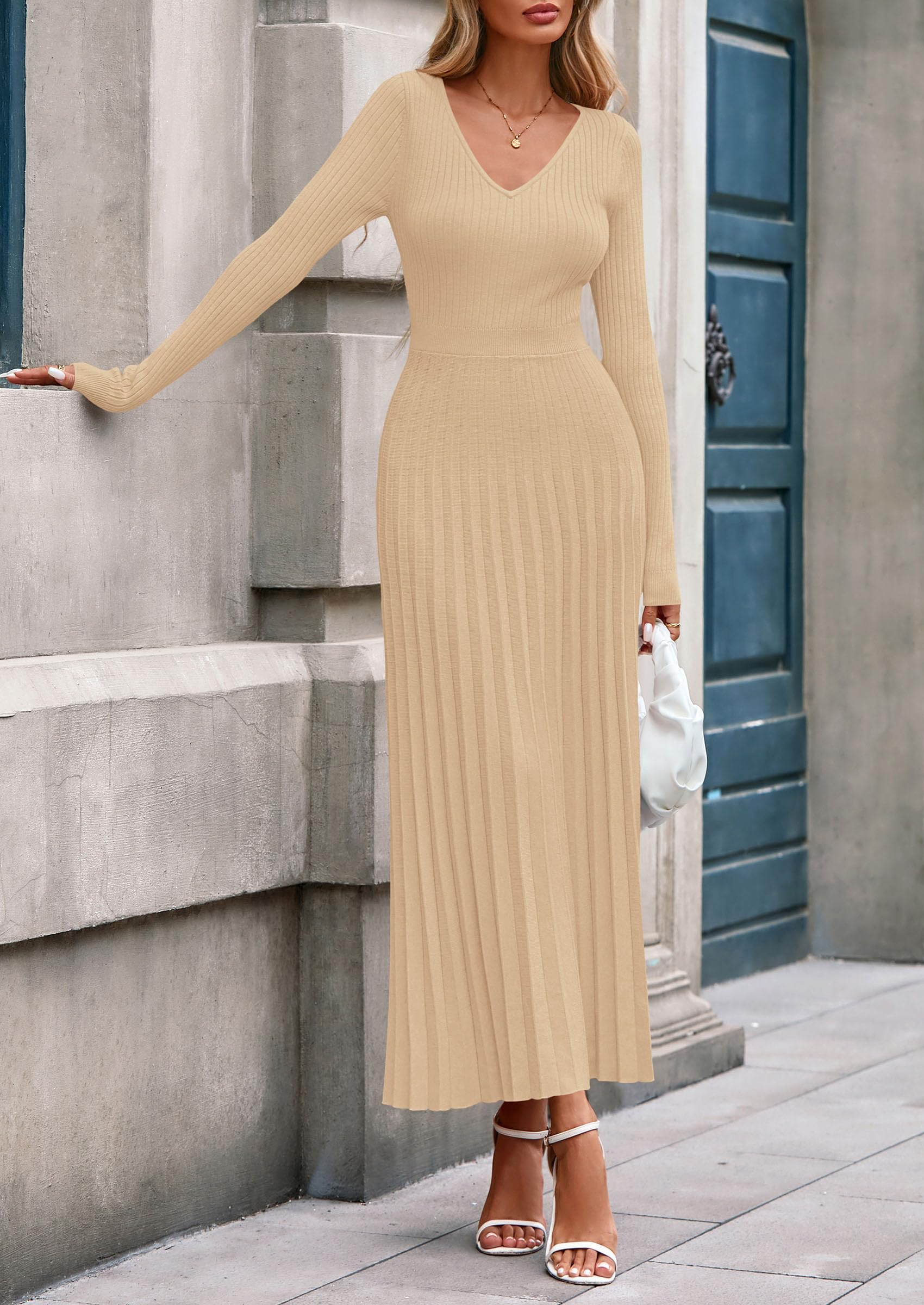 Sweater Dress Women Long Sleeve Maxi Flowy Pleated Dresses