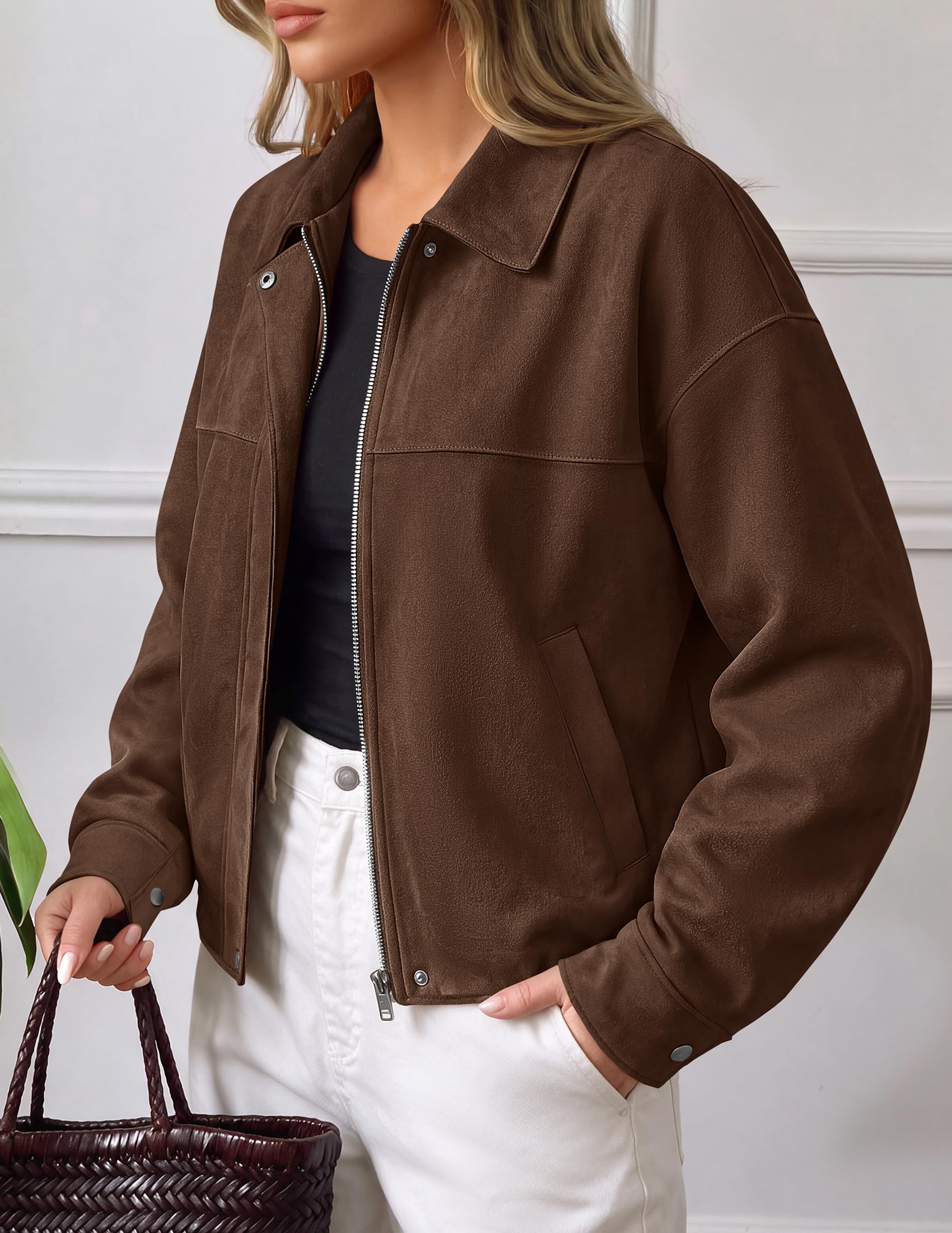 Women's Faux Suede Cropped Fall Jackets,Dark Brown,S