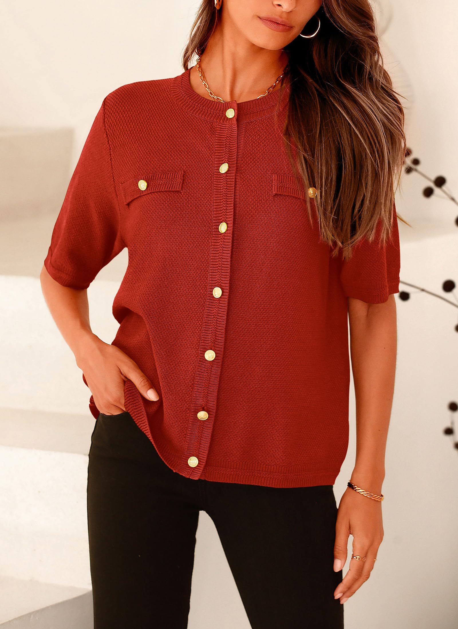 Women's Summer Casual Button Down Shirts Rust Red,Small